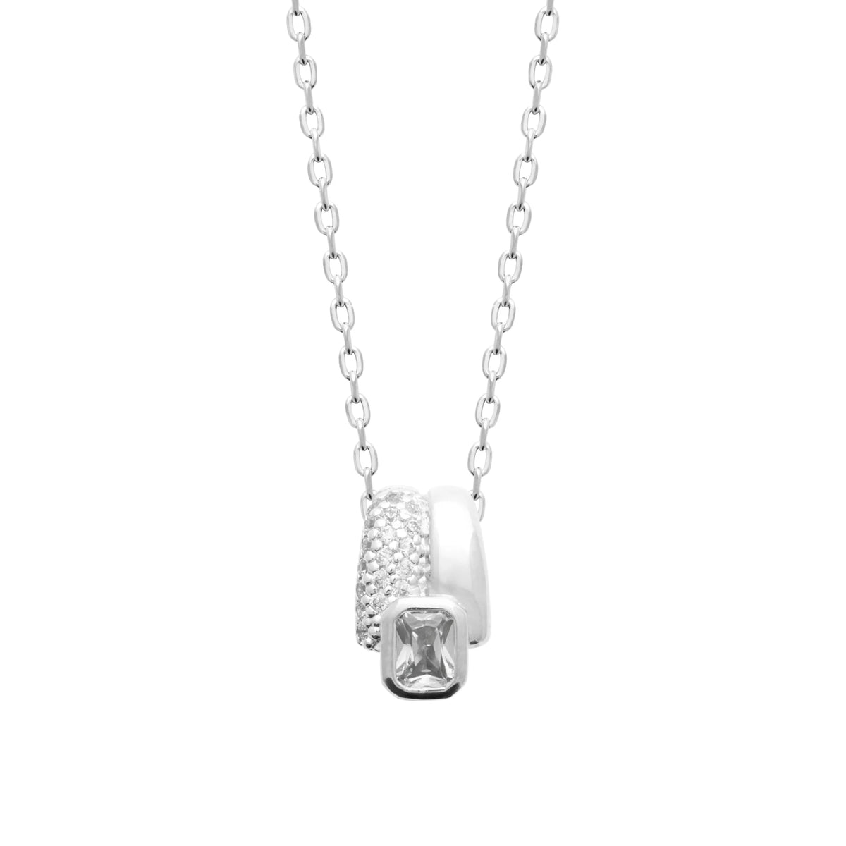 Collier double anneau pavé et zircon rectangulaire en argent 925