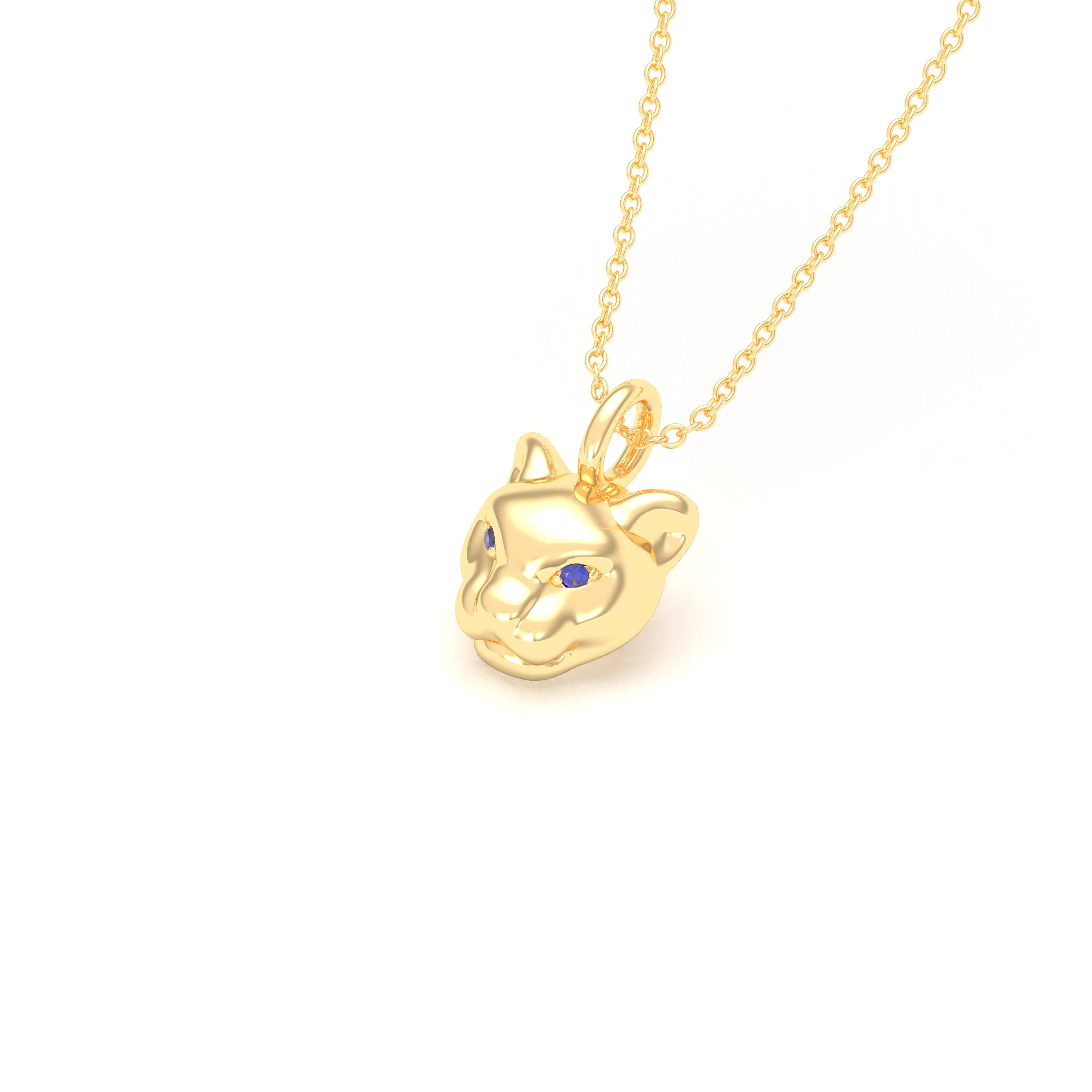 Collier Féline en Or Jaune 18k et Pierres Précieuses Saphir bleu Pendentif avec chaîne
