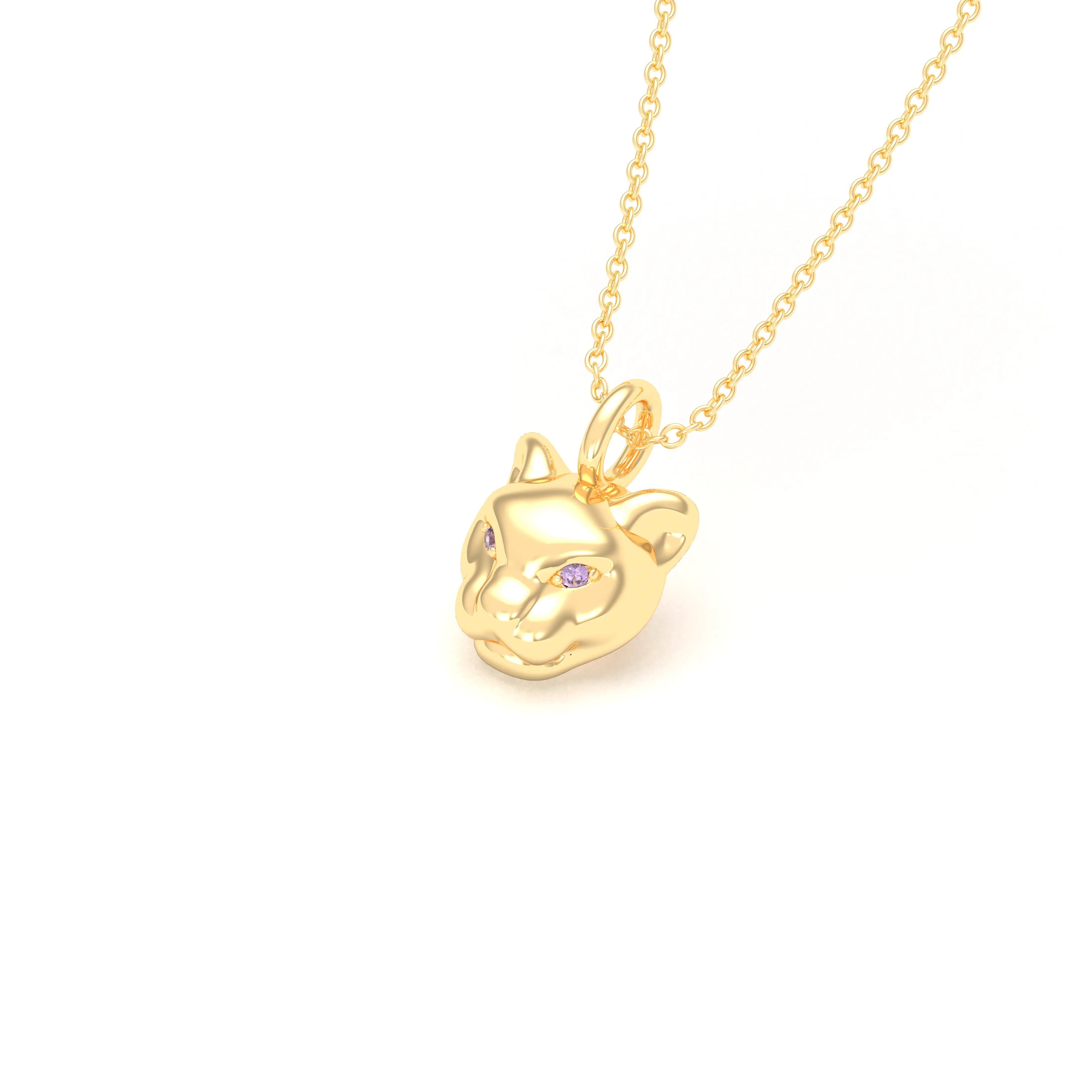 Collier Féline en Or Jaune 18k et Pierres Précieuses Saphir violet Pendentif avec chaîne