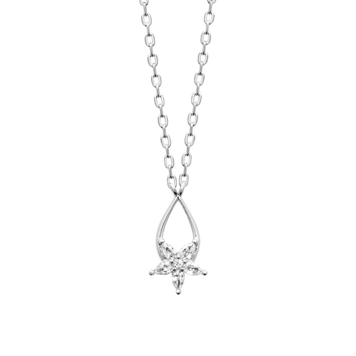 Collier goutte ajourée en argent 925 rhodié, fleur de zircons navette autour d’un zircon rond