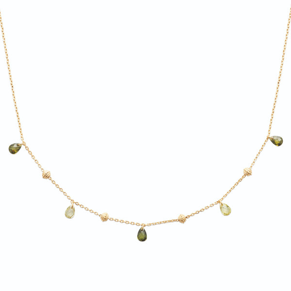 Collier gouttes de cristal vert et perles dorées en plaqué or