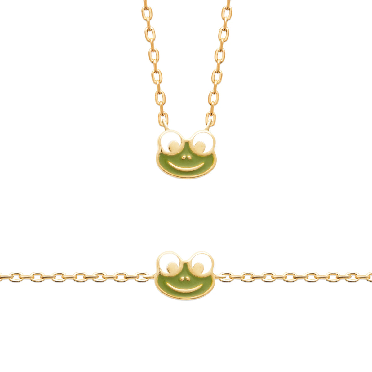 Collier grenouille verte enfant en plaqué or, 37 cm