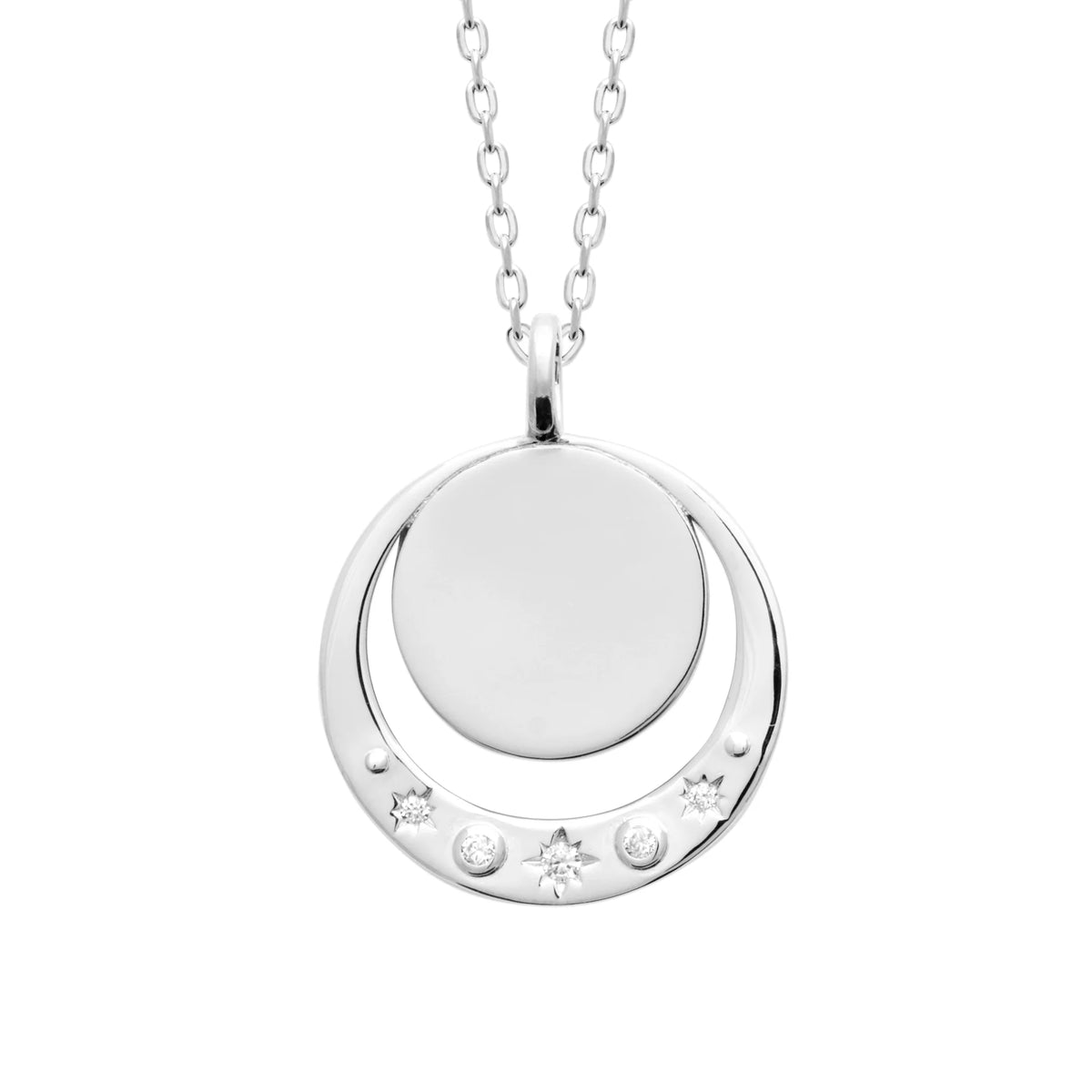 Collier lune polie et disque lisse étoilé de zircons en argent 925