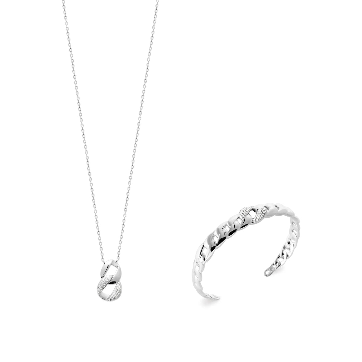 Collier maillons gourmette entrelacés et zircons en argent 925