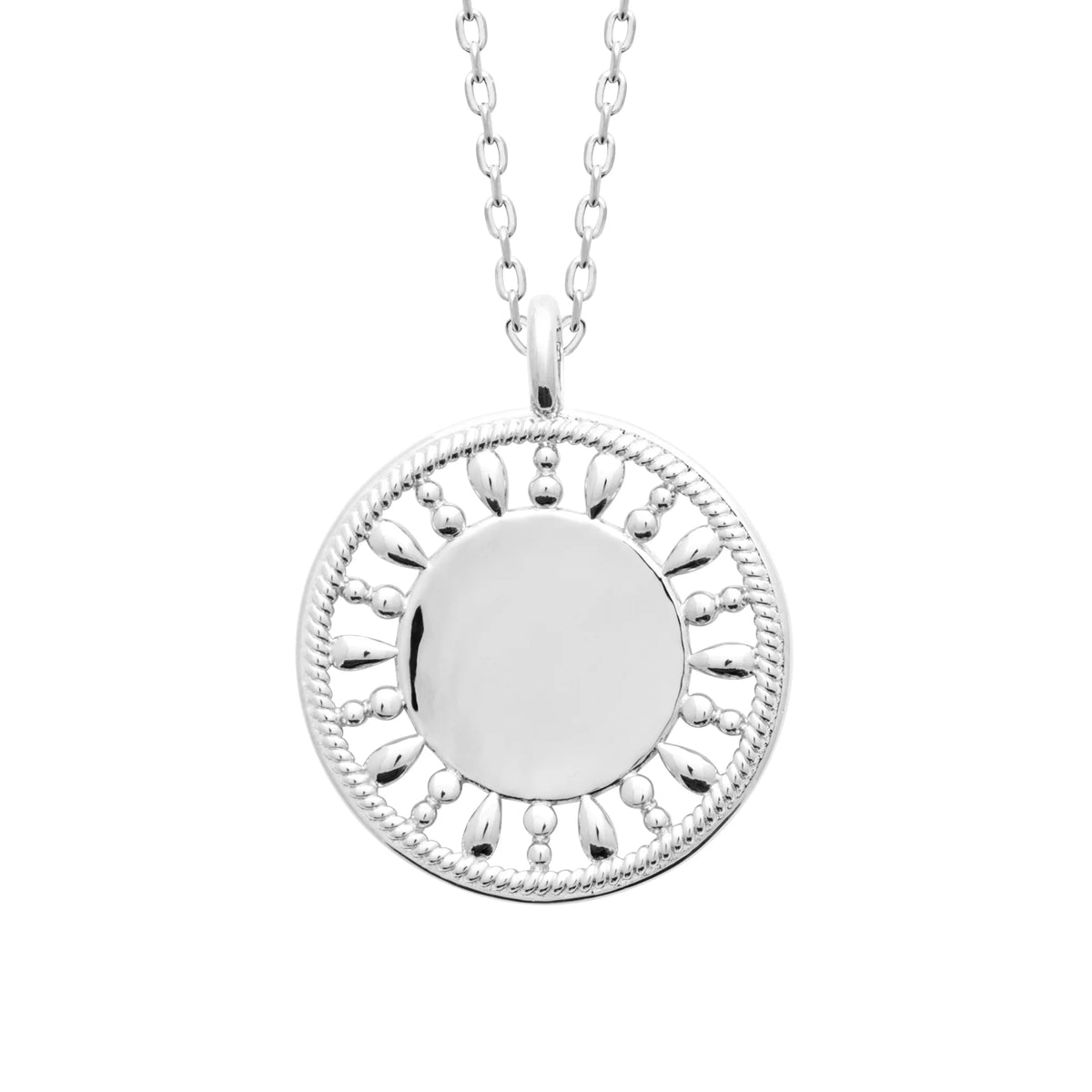 Collier médaille ronde à couronne ajourée et bord torsadé en argent 925
