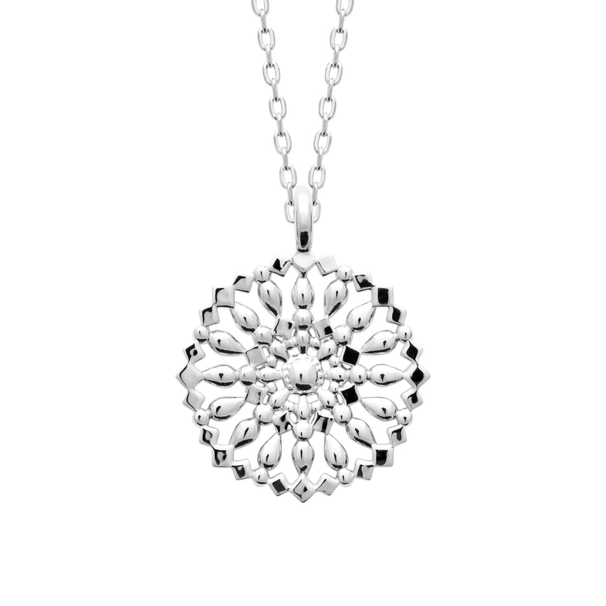 Collier grand médaillon rosace ajourée façon mandala en argent 925