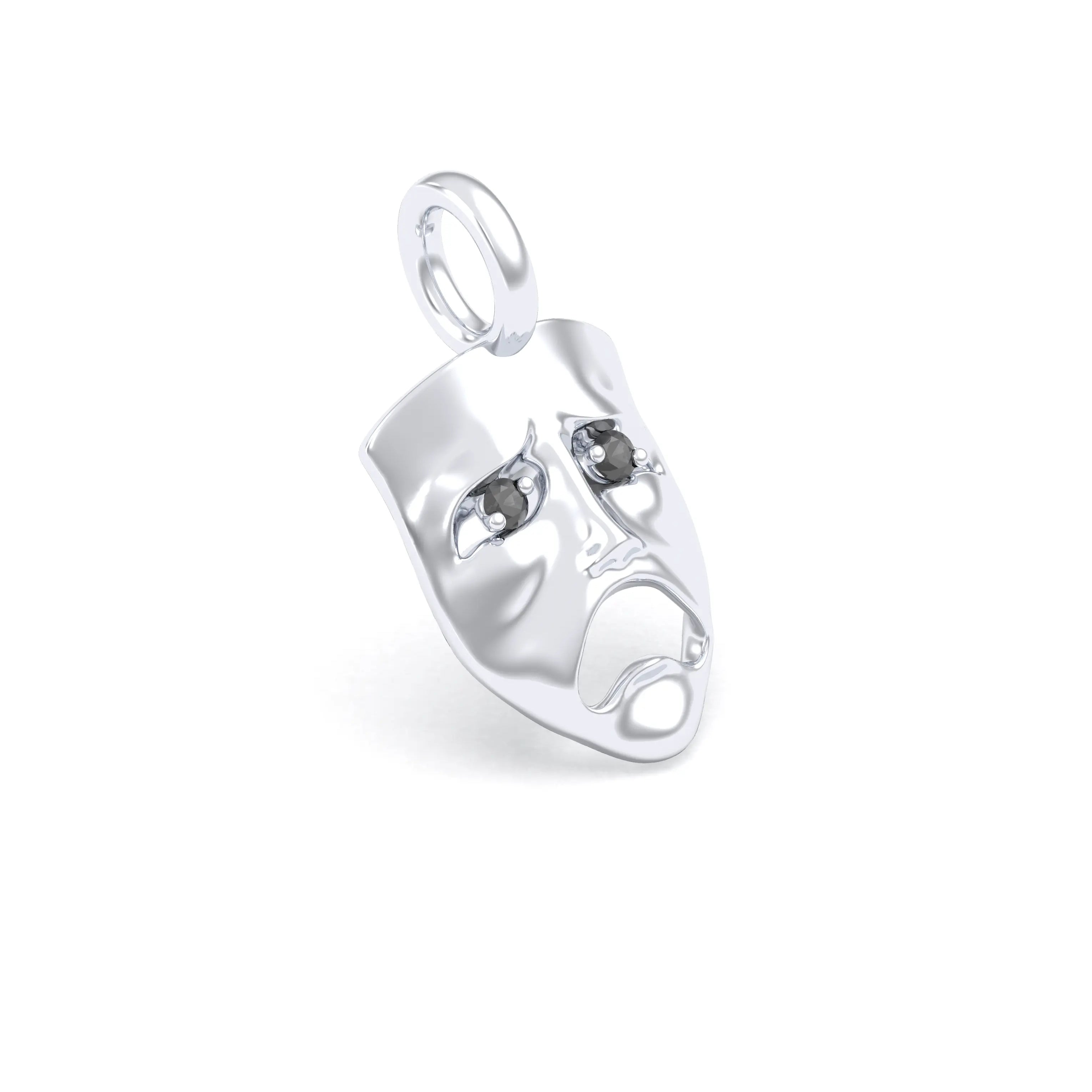 Collier Mélancolie en or blanc 18 carats, masque songeur du théâtre Diamant noir Pendentif seul