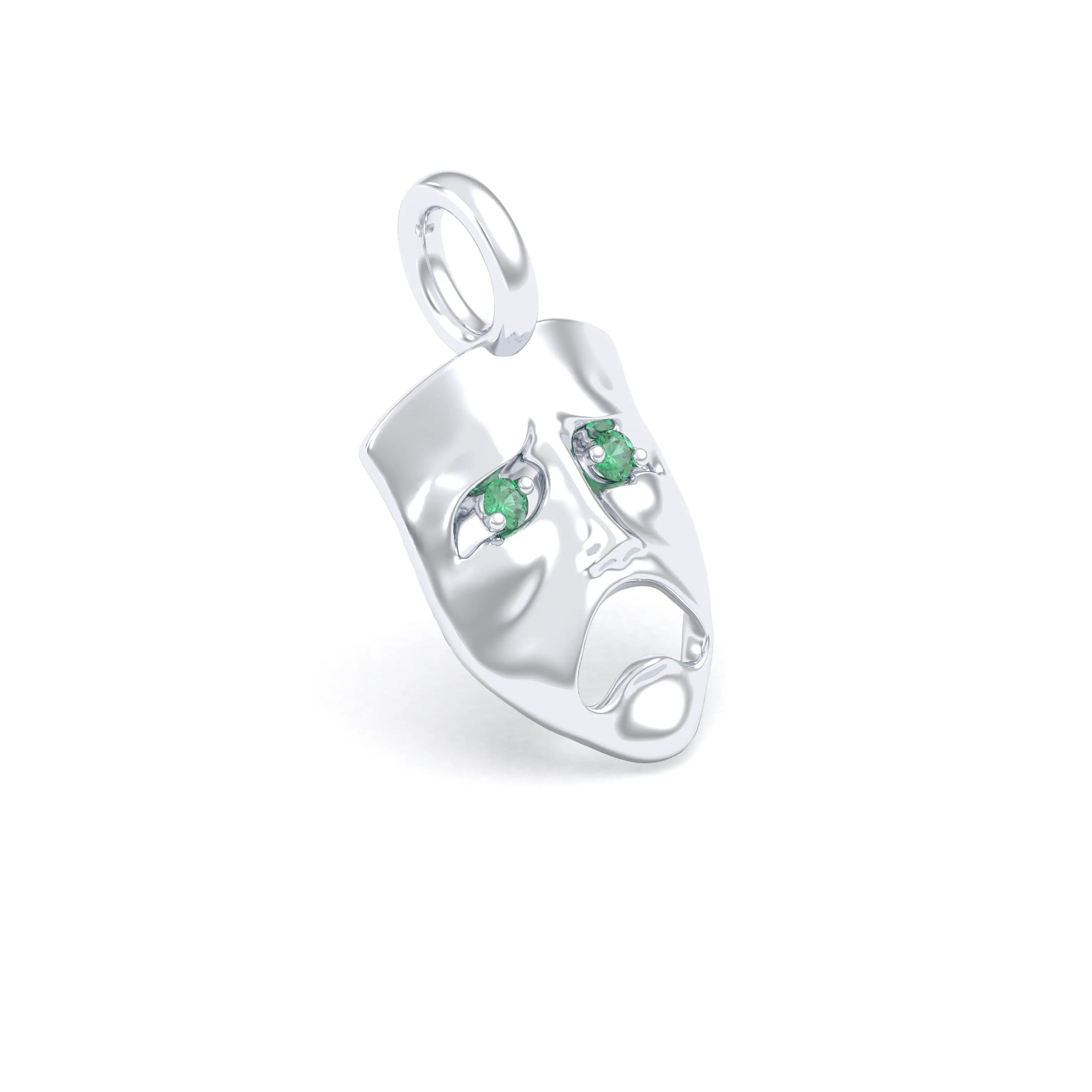 Collier Mélancolie en or blanc 18 carats, masque songeur du théâtre Emeraude Pendentif seul