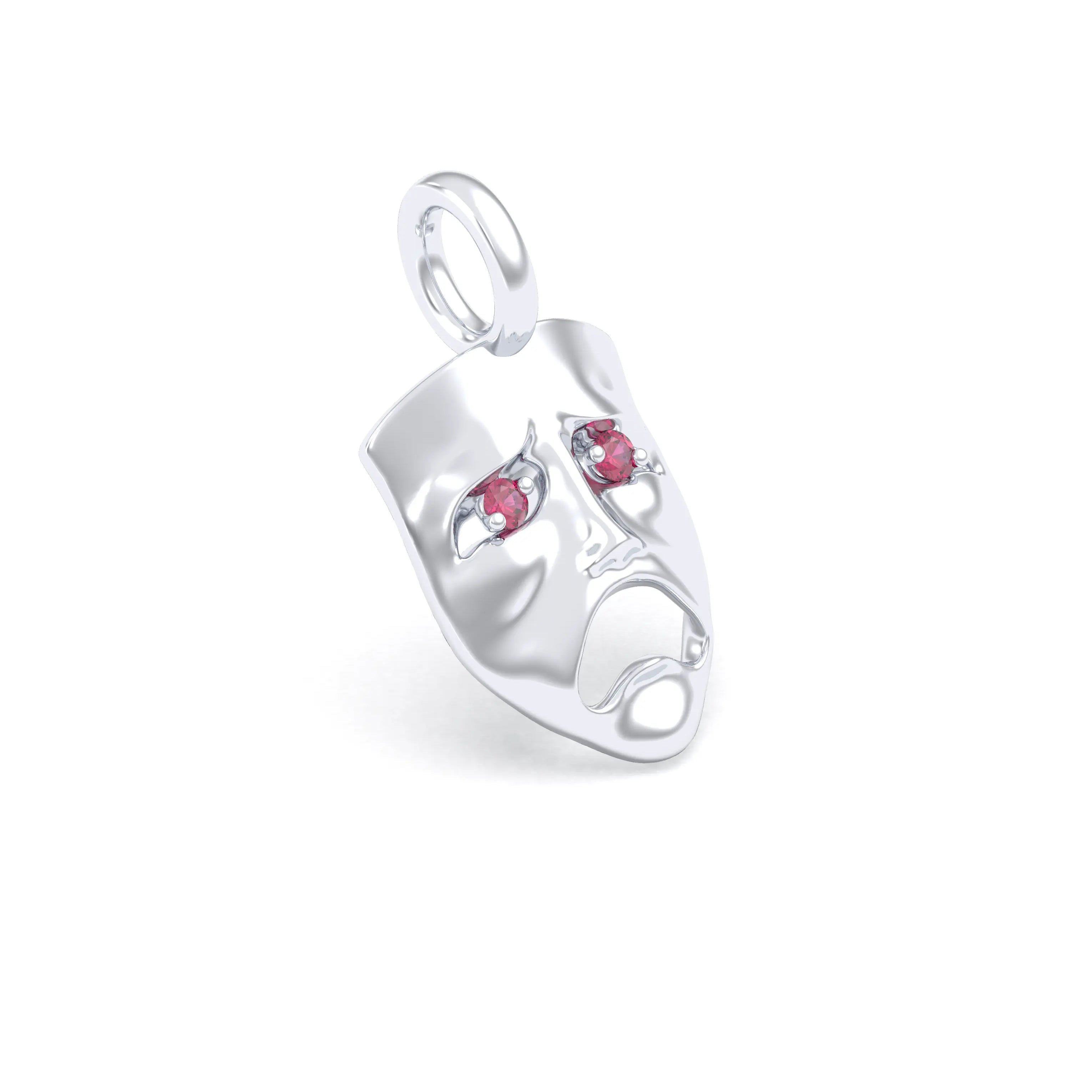 Collier Mélancolie en or blanc 18 carats, masque songeur du théâtre Rubis Pendentif seul