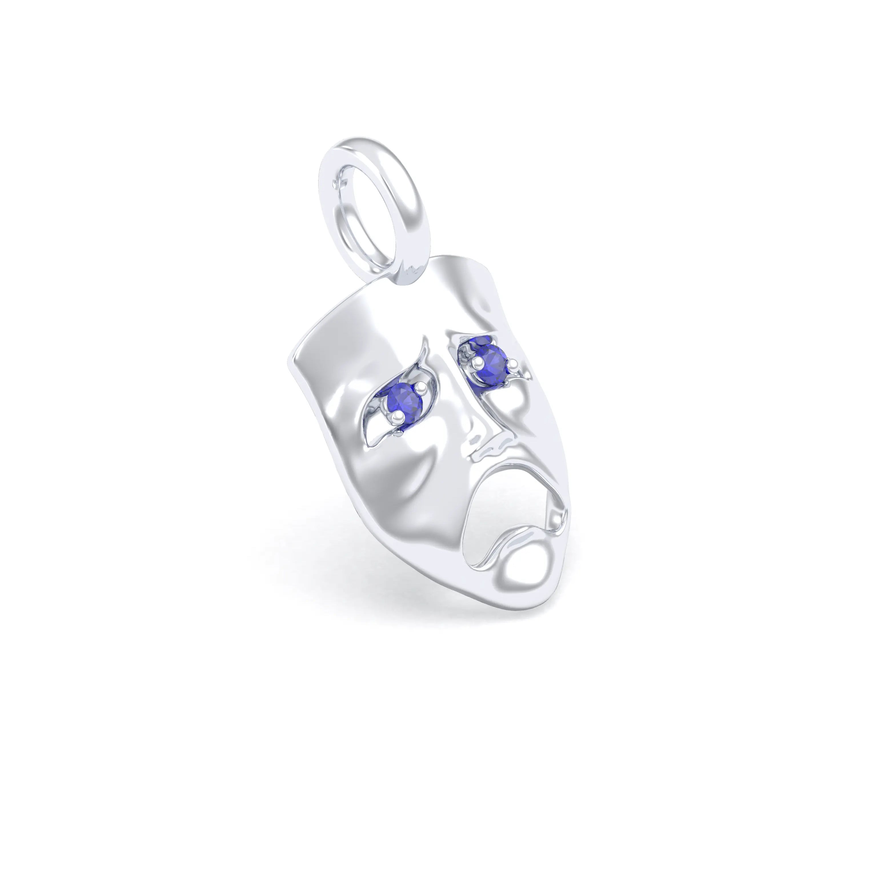 Collier Mélancolie en or blanc 18 carats, masque songeur du théâtre Saphir bleu Pendentif seul