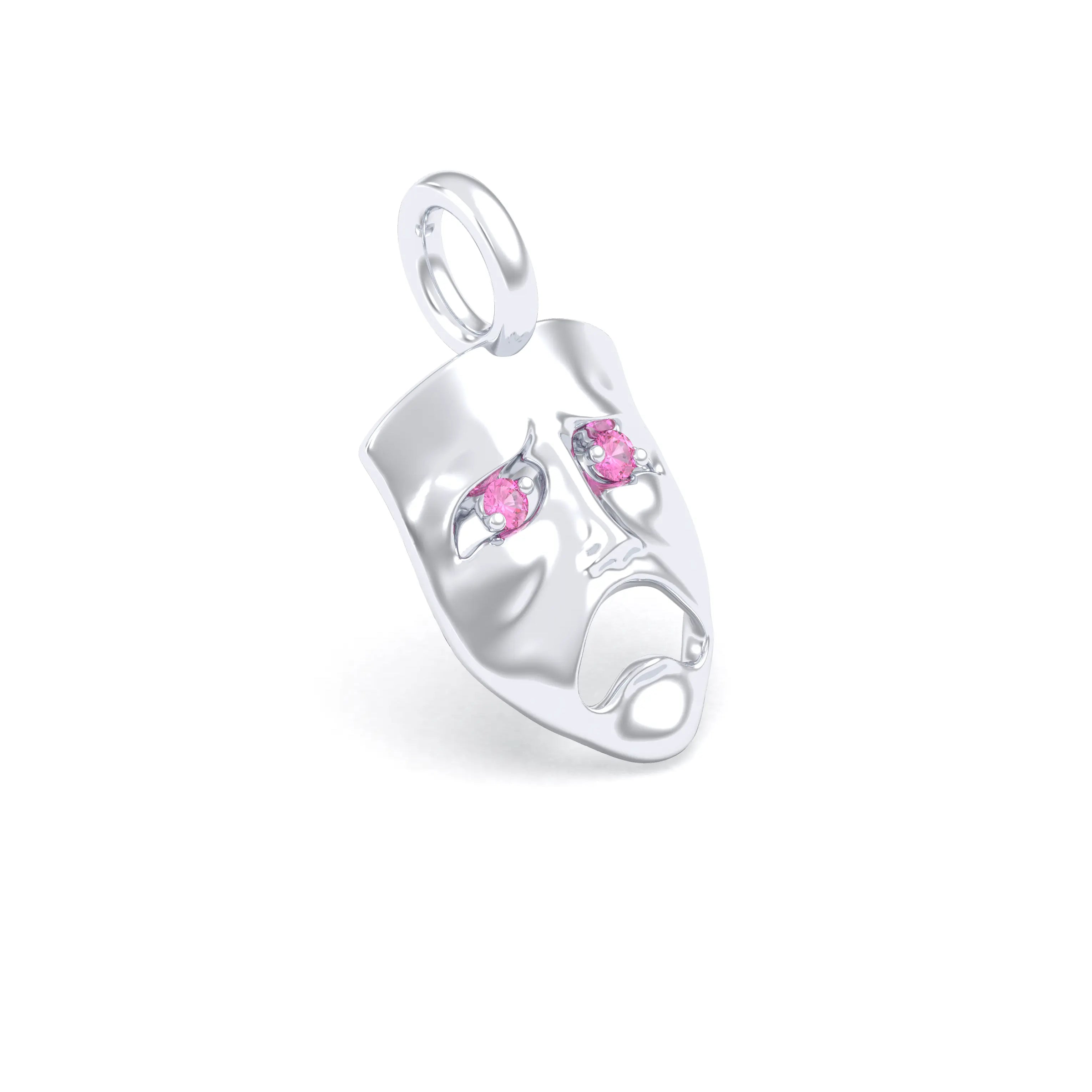 Collier Mélancolie en or blanc 18 carats, masque songeur du théâtre Saphir rose Pendentif seul