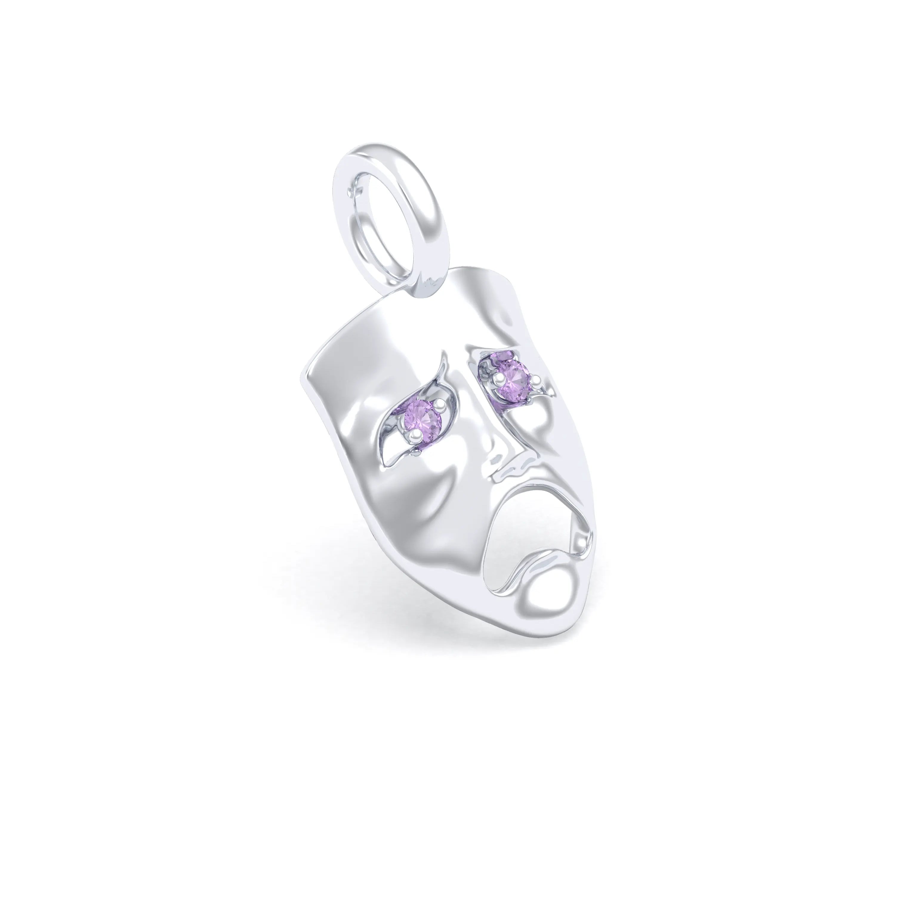 Collier Mélancolie en or blanc 18 carats, masque songeur du théâtre Saphir violet Pendentif seul