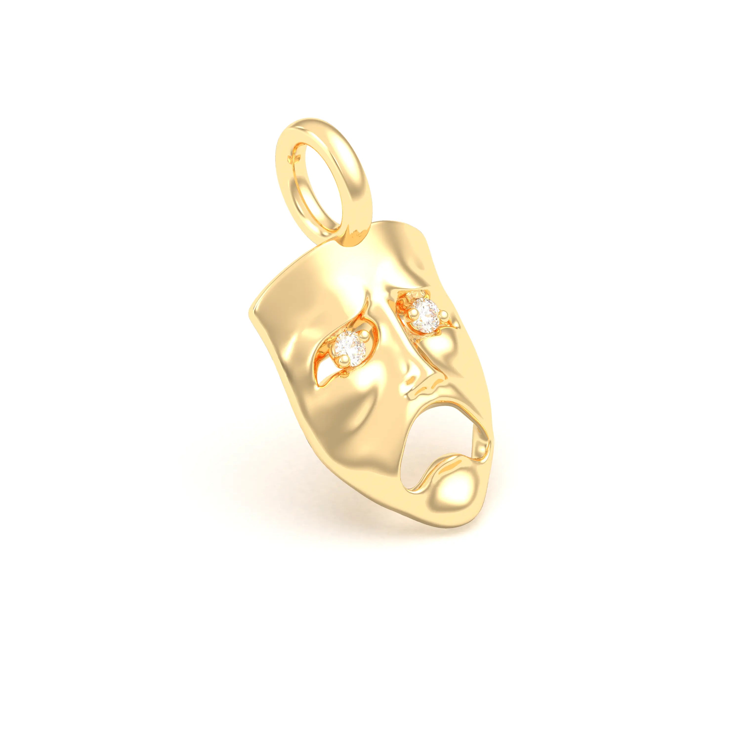 Collier Mélancolie en or jaune 18 carats, masque songeur du théâtre Diamant Pendentif seul