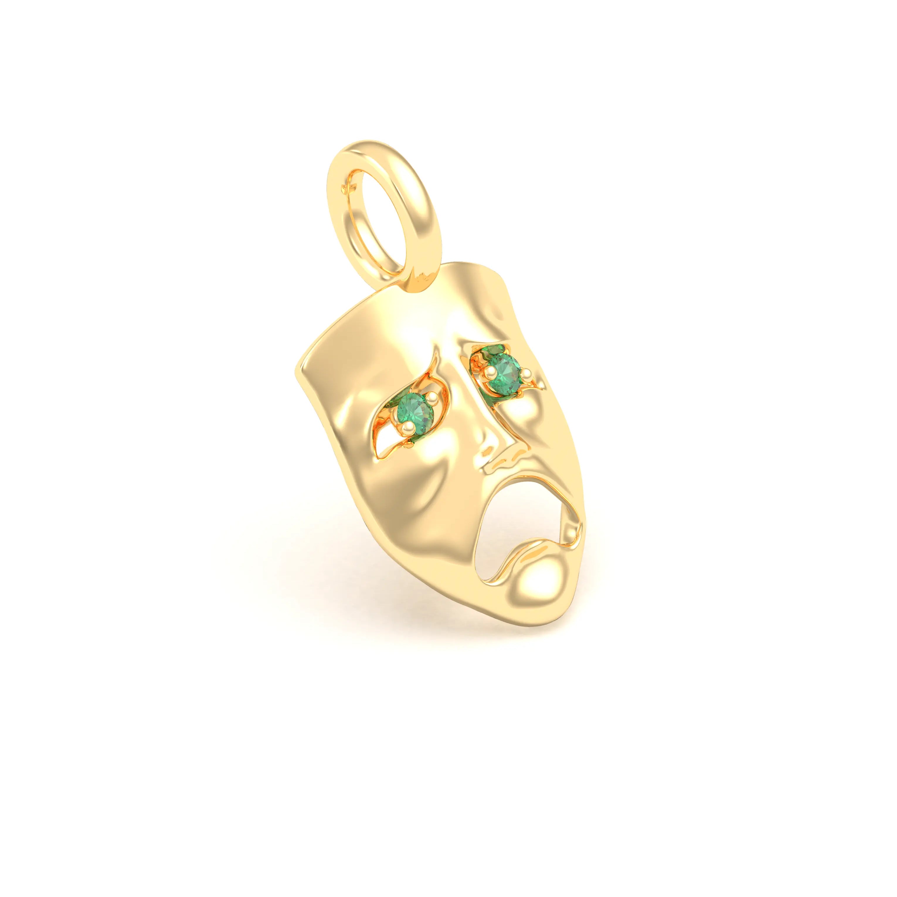 Collier Mélancolie en or jaune 18 carats, masque songeur du théâtre Emeraude Pendentif seul