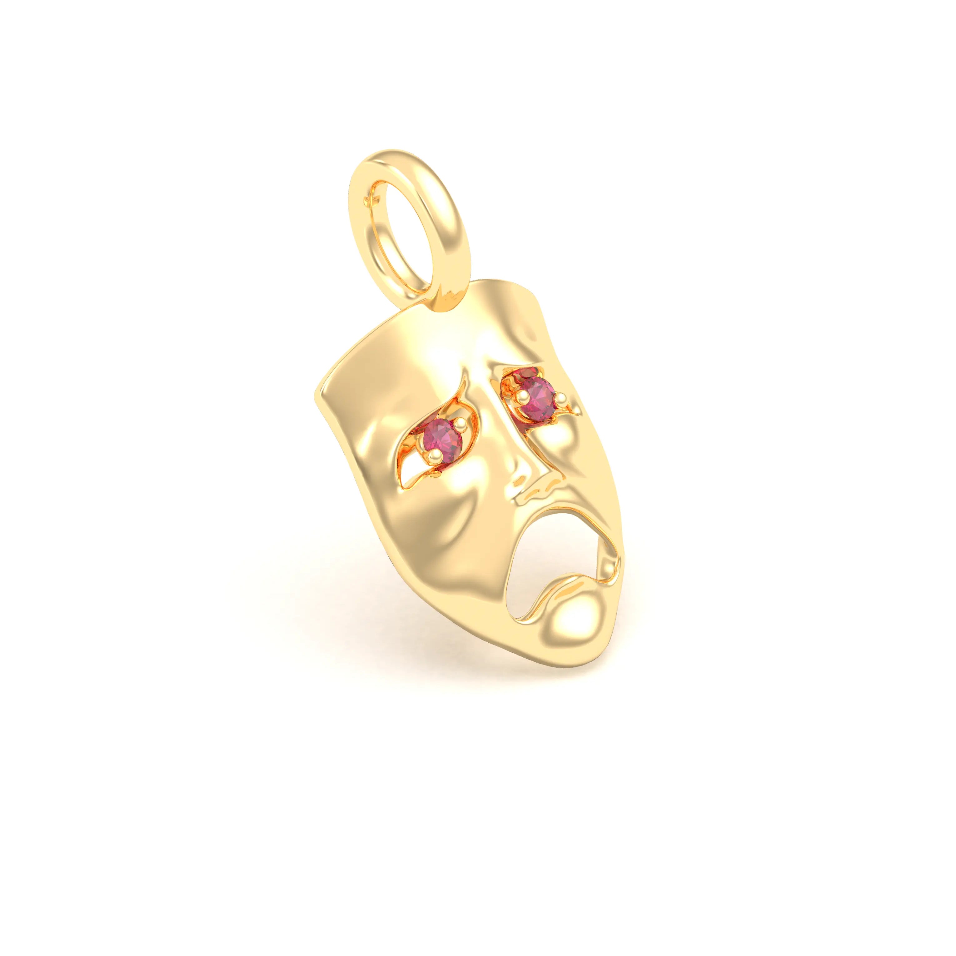 Collier Mélancolie en or jaune 18 carats, masque songeur du théâtre Rubis Pendentif seul