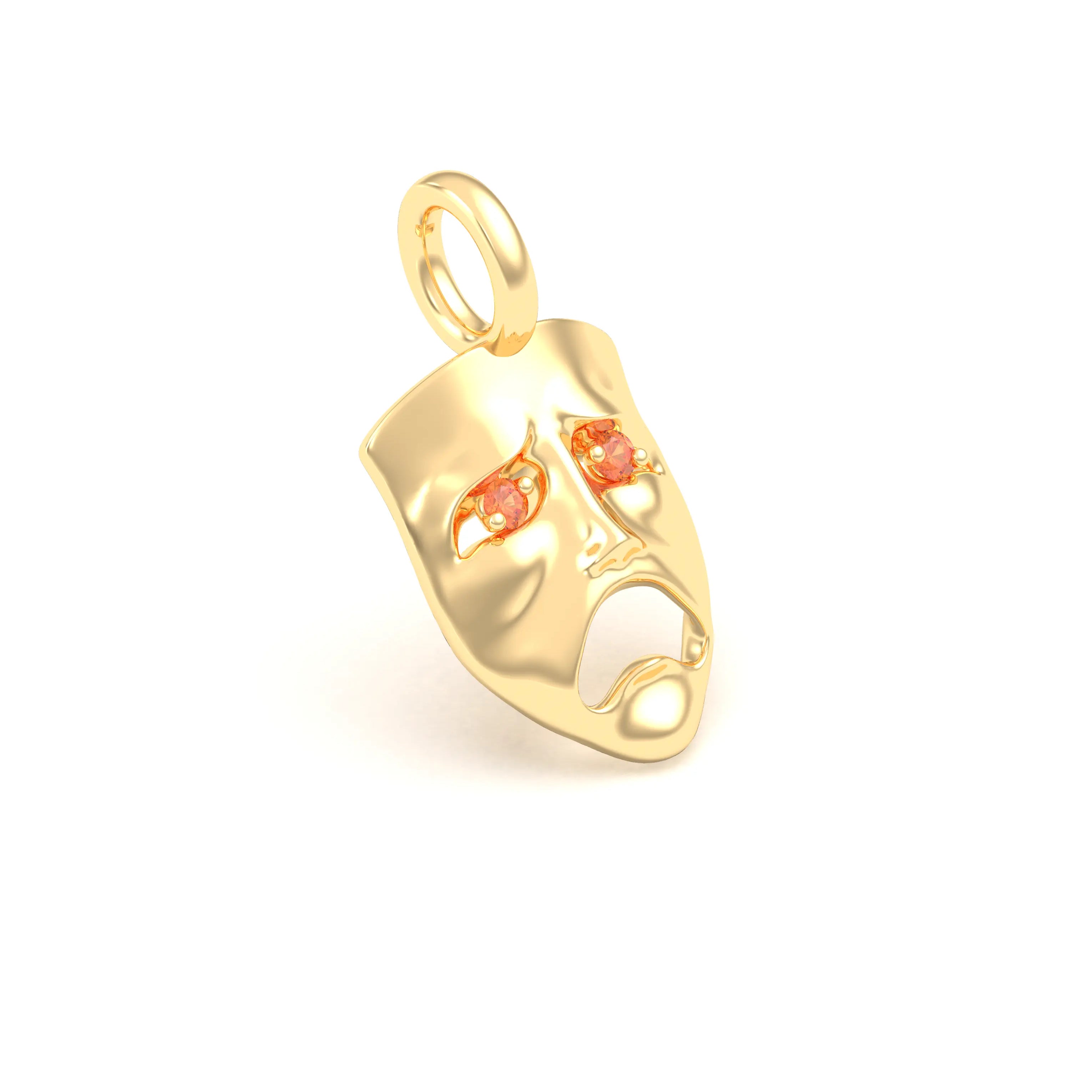 Collier Mélancolie en or jaune 18 carats, masque songeur du théâtre Saphir orange Pendentif seul