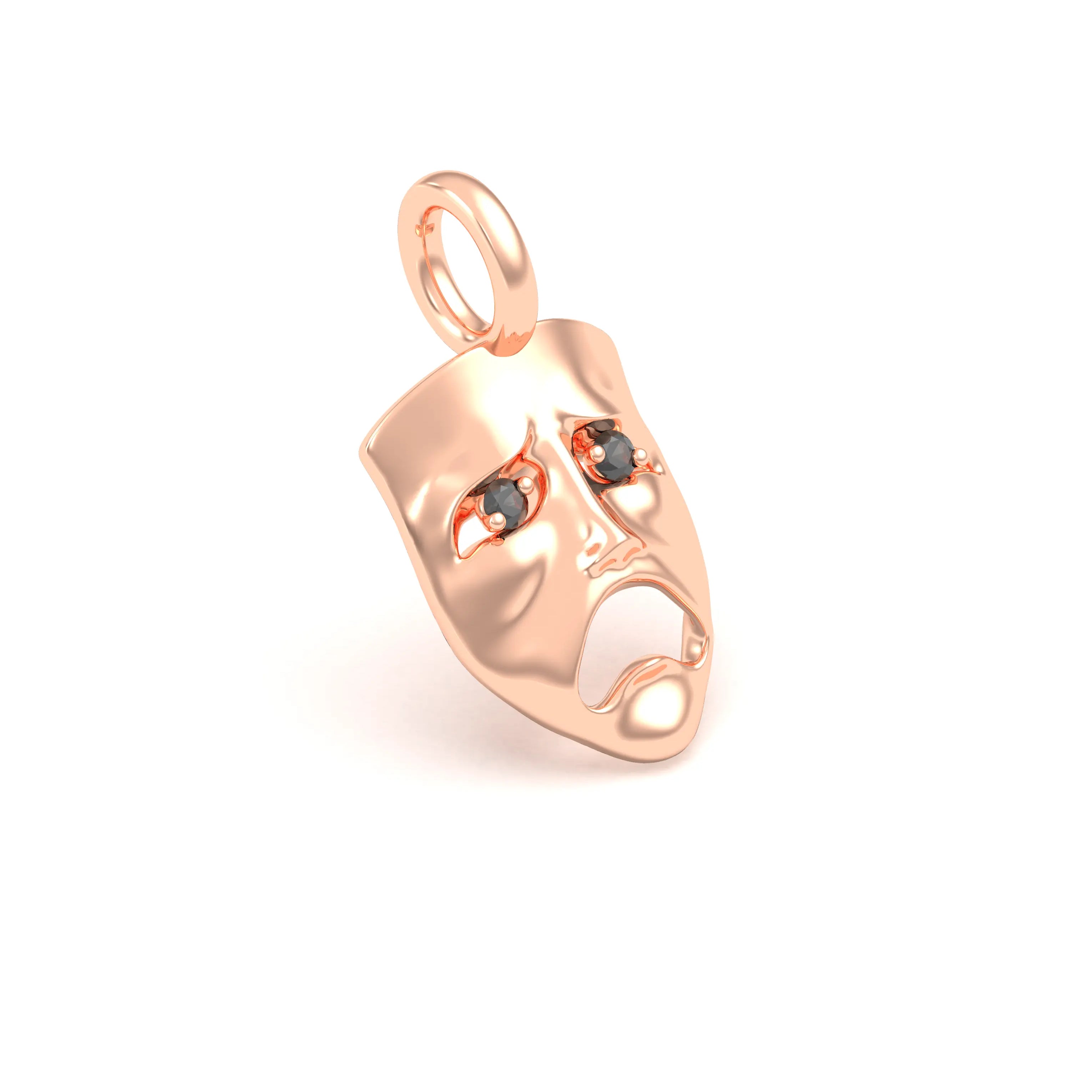 Collier Mélancolie en or rose 18 carats, masque songeur du théâtre Diamant noir Pendentif seul
