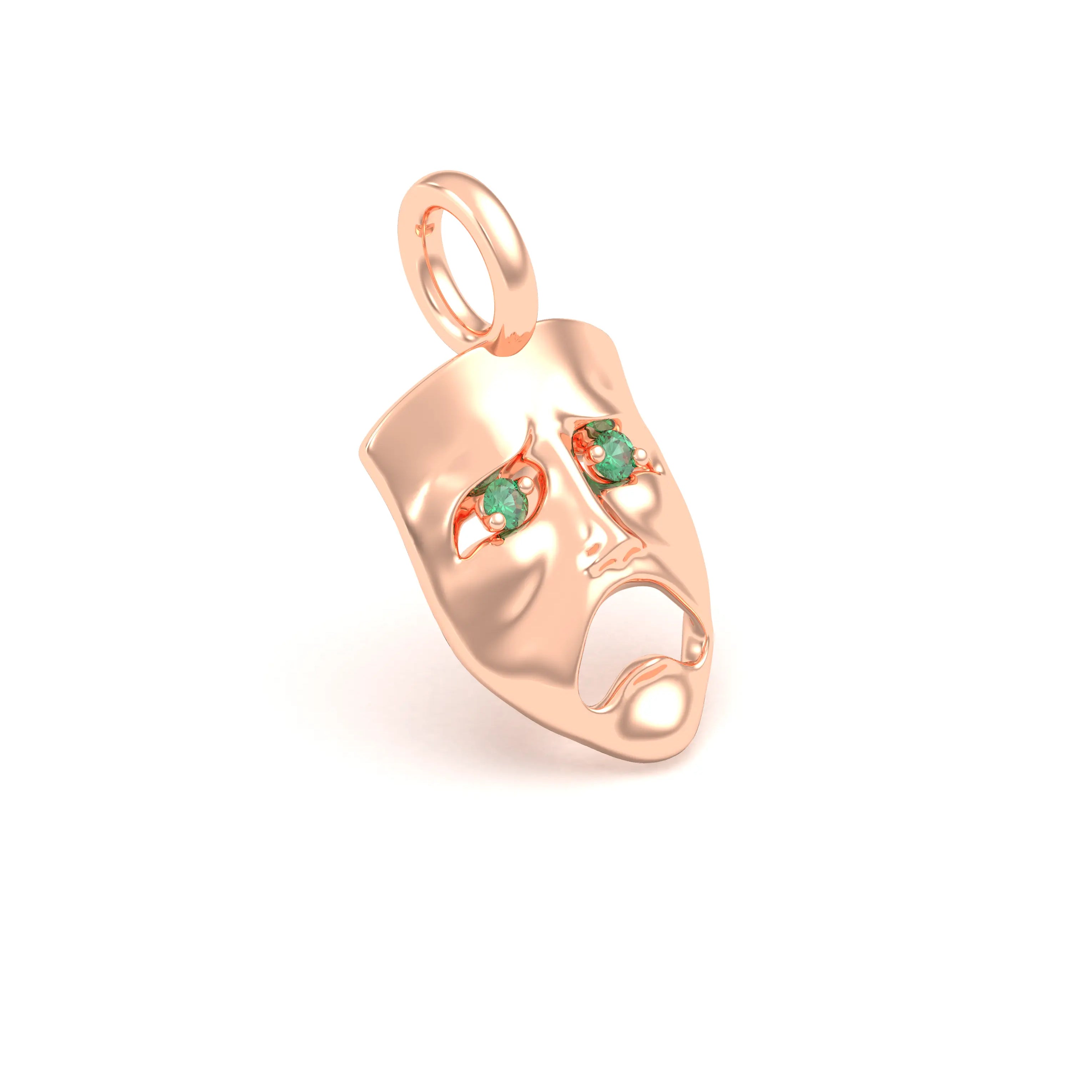 Collier Mélancolie en or rose 18 carats, masque songeur du théâtre Emeraude Pendentif seul