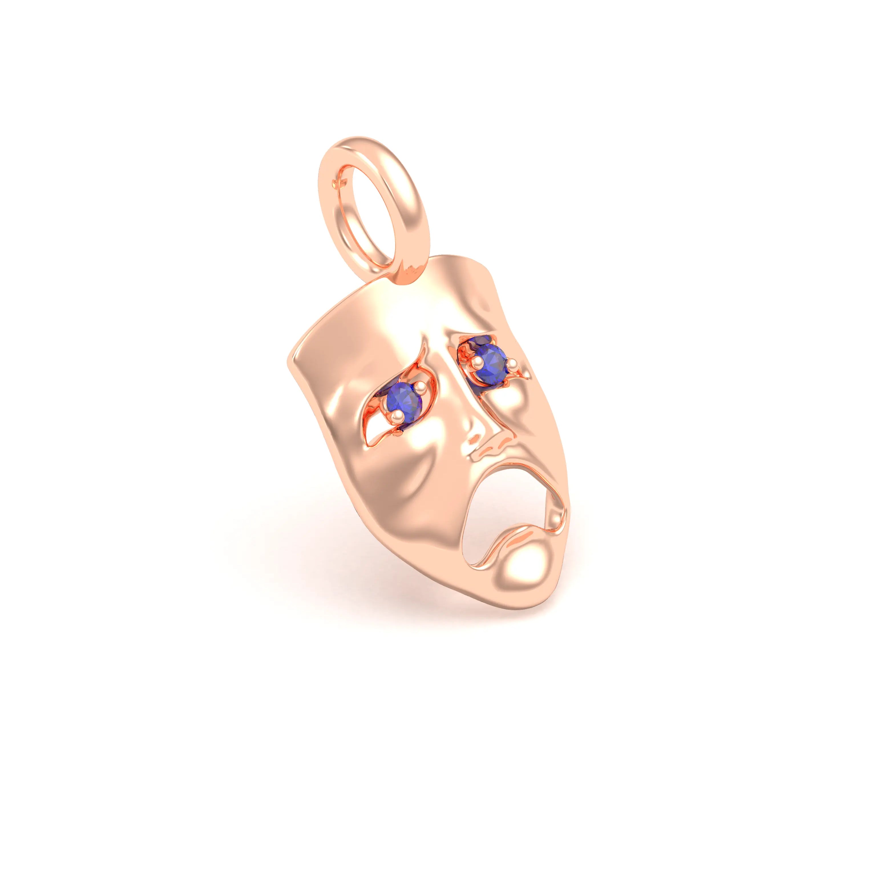 Collier Mélancolie en or rose 18 carats, masque songeur du théâtre Saphir bleu Pendentif seul