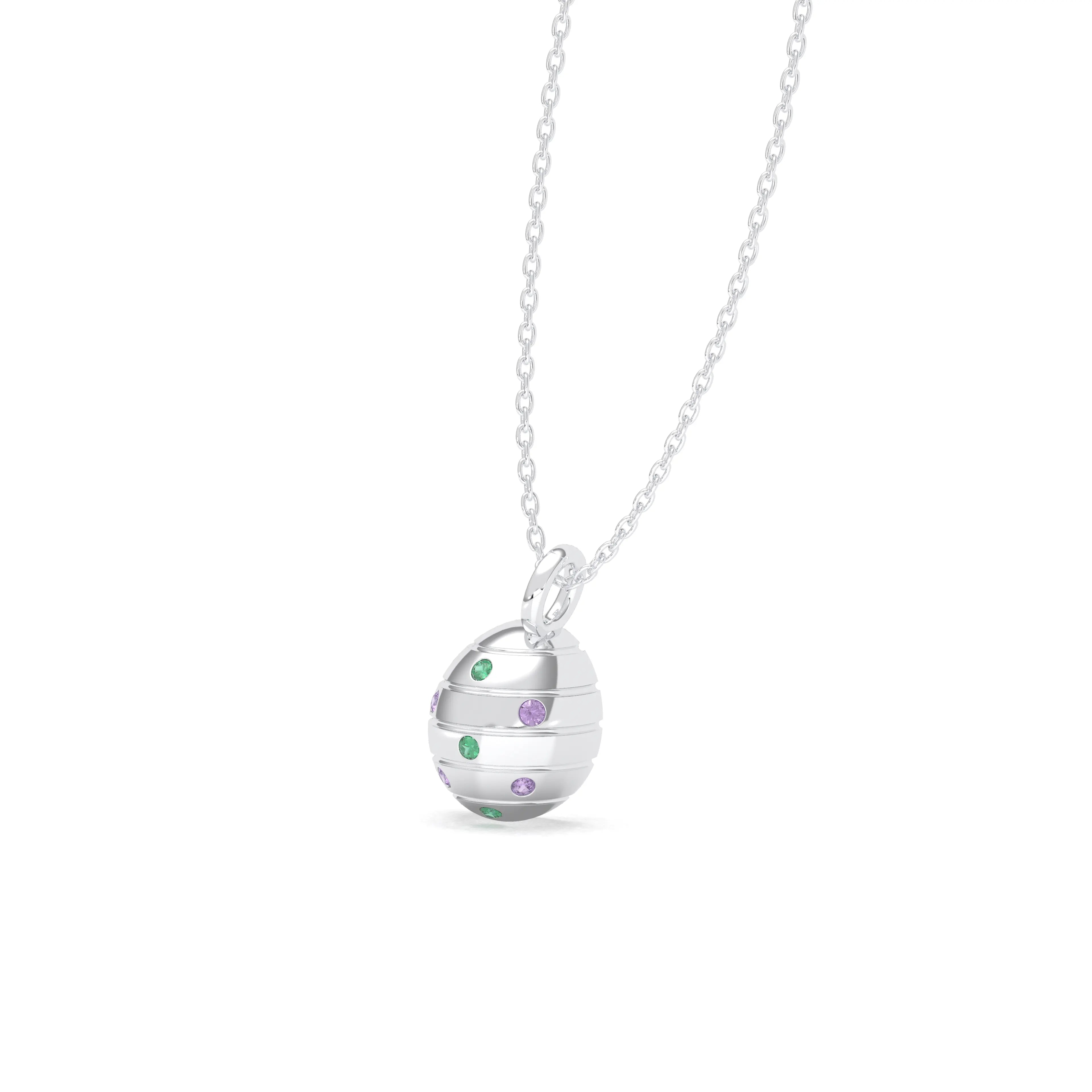 Collier “L’Œuf Céleste” – Or Blanc 18 Carats & 7 Pierres Précieuses Saphirs violets - Émeraudes Pendentif avec chaîne