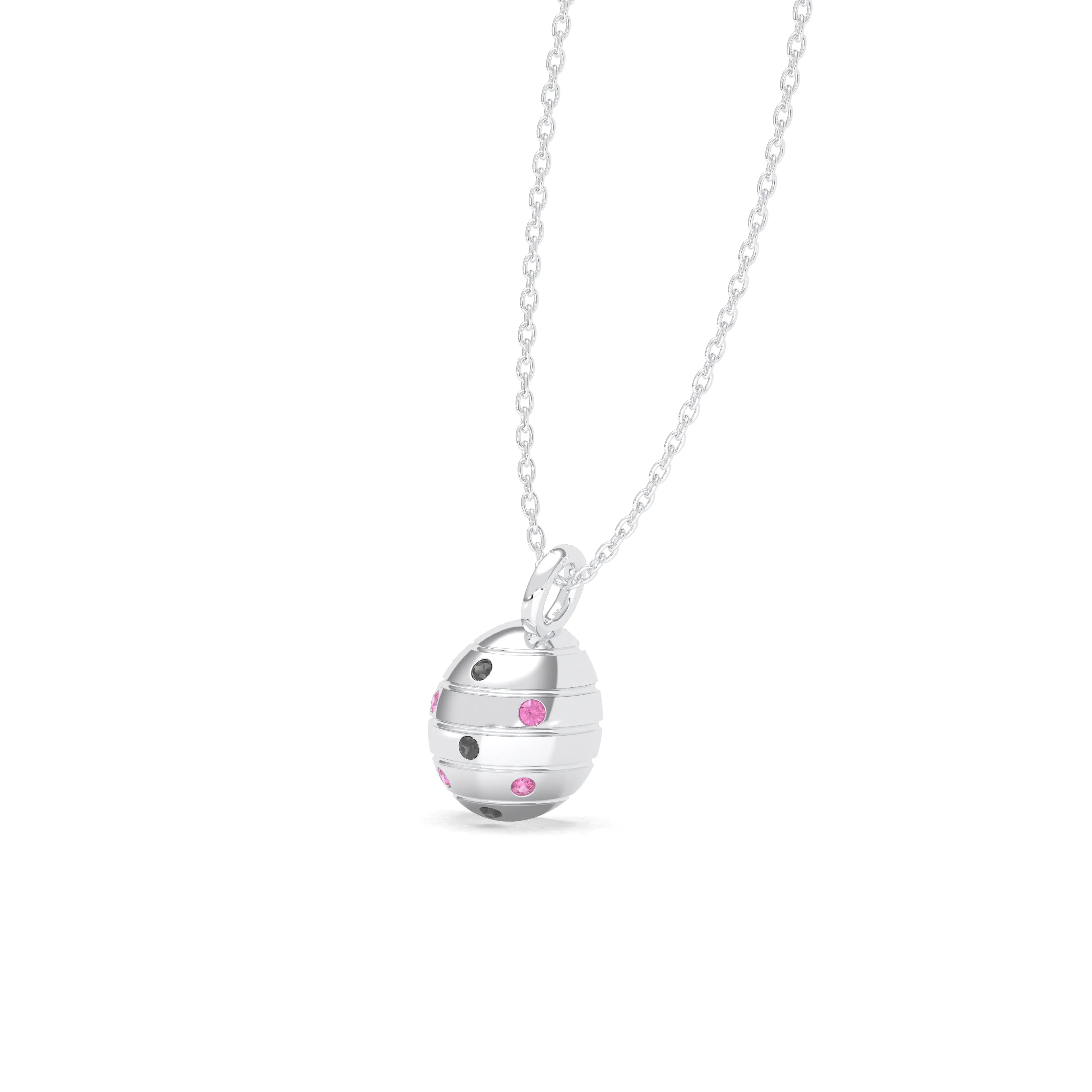 Collier “L’Œuf Céleste” – Or Blanc 18 Carats & 7 Pierres Précieuses Diamant noir - Saphir rose Pendentif avec chaîne