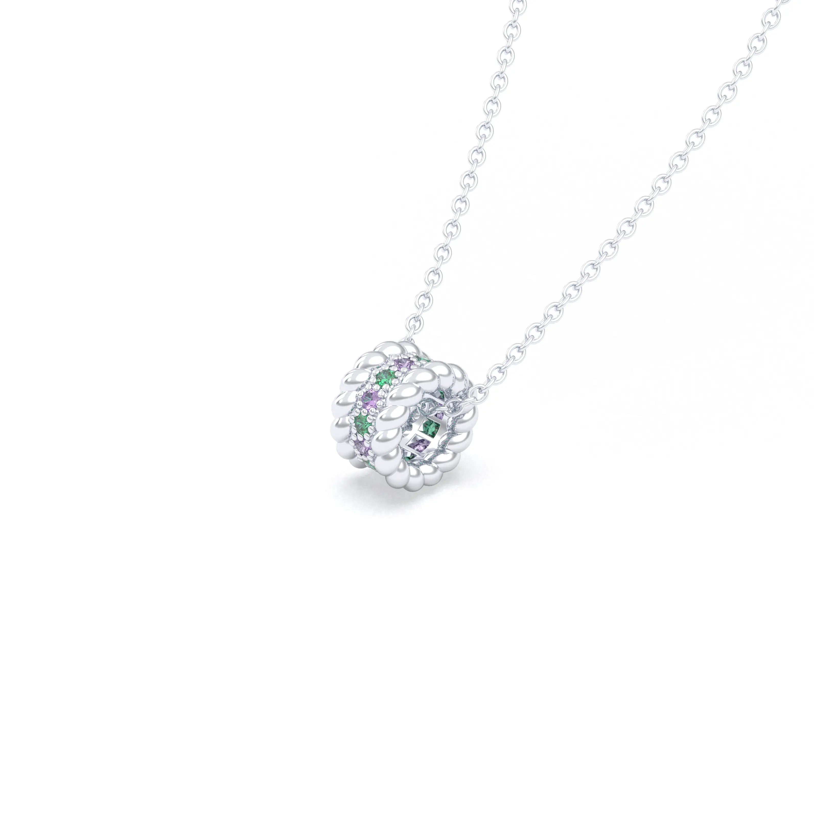 Collier Olympe en Or Blanc 18 Carats et Pierres Précieuses Saphir violet - Émeraude Pendentif avec chaîne