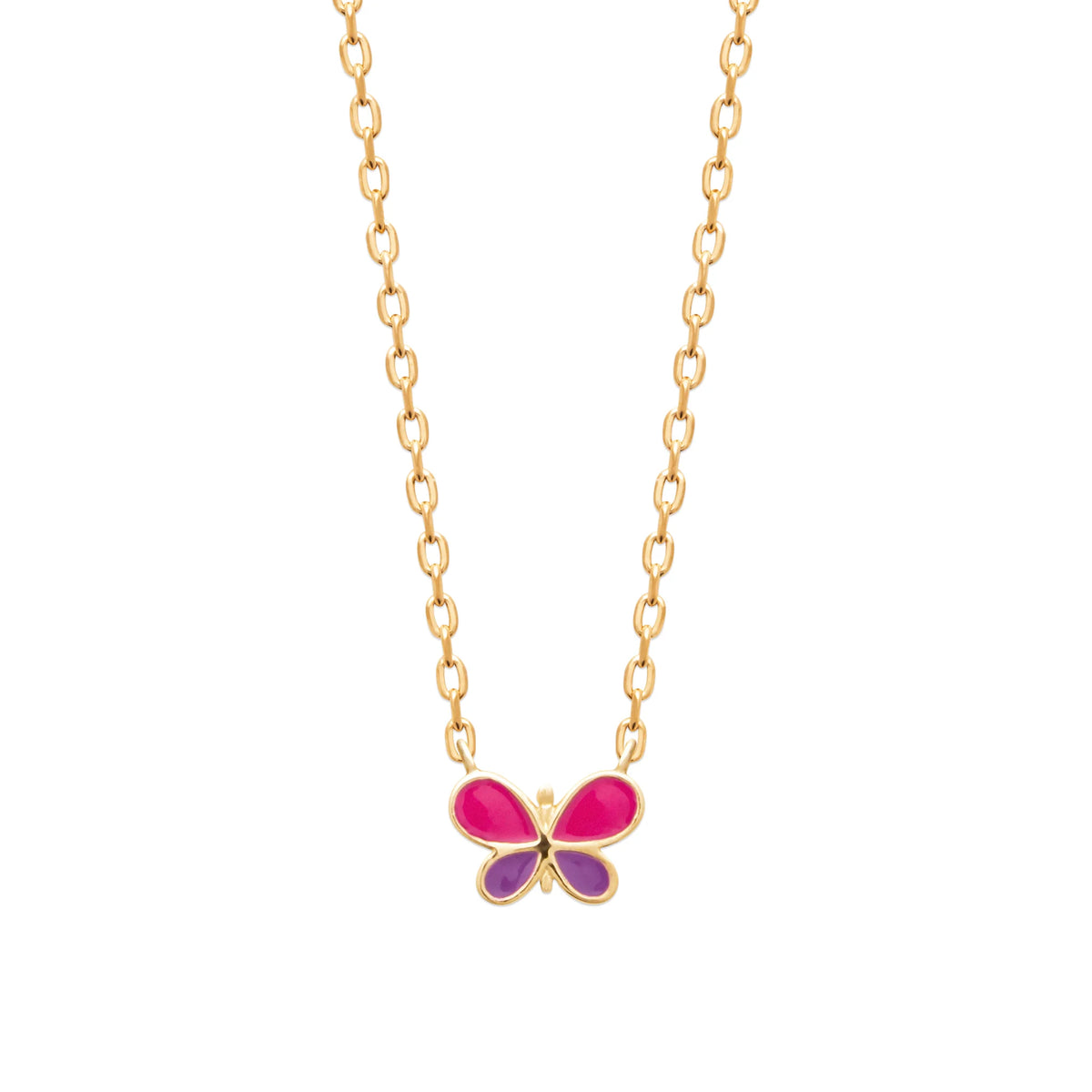 Collier papillon rose et violet enfant en plaqué or, 37 cm
