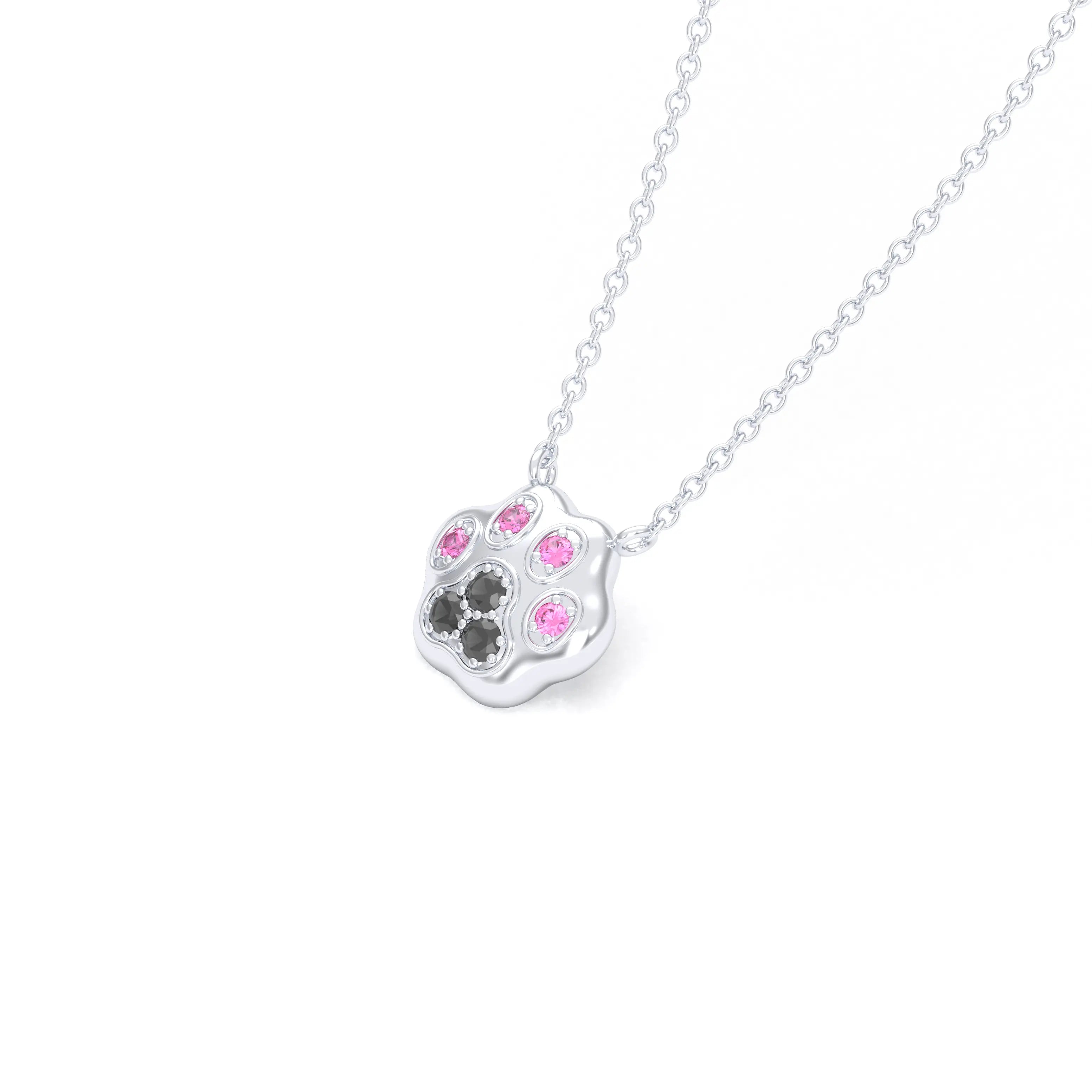 Collier Patte de Chat petit modèle en or blanc 18 carats et pierres précieuses au choix Diamant noir - Saphir rose Pendentif avec chaîne