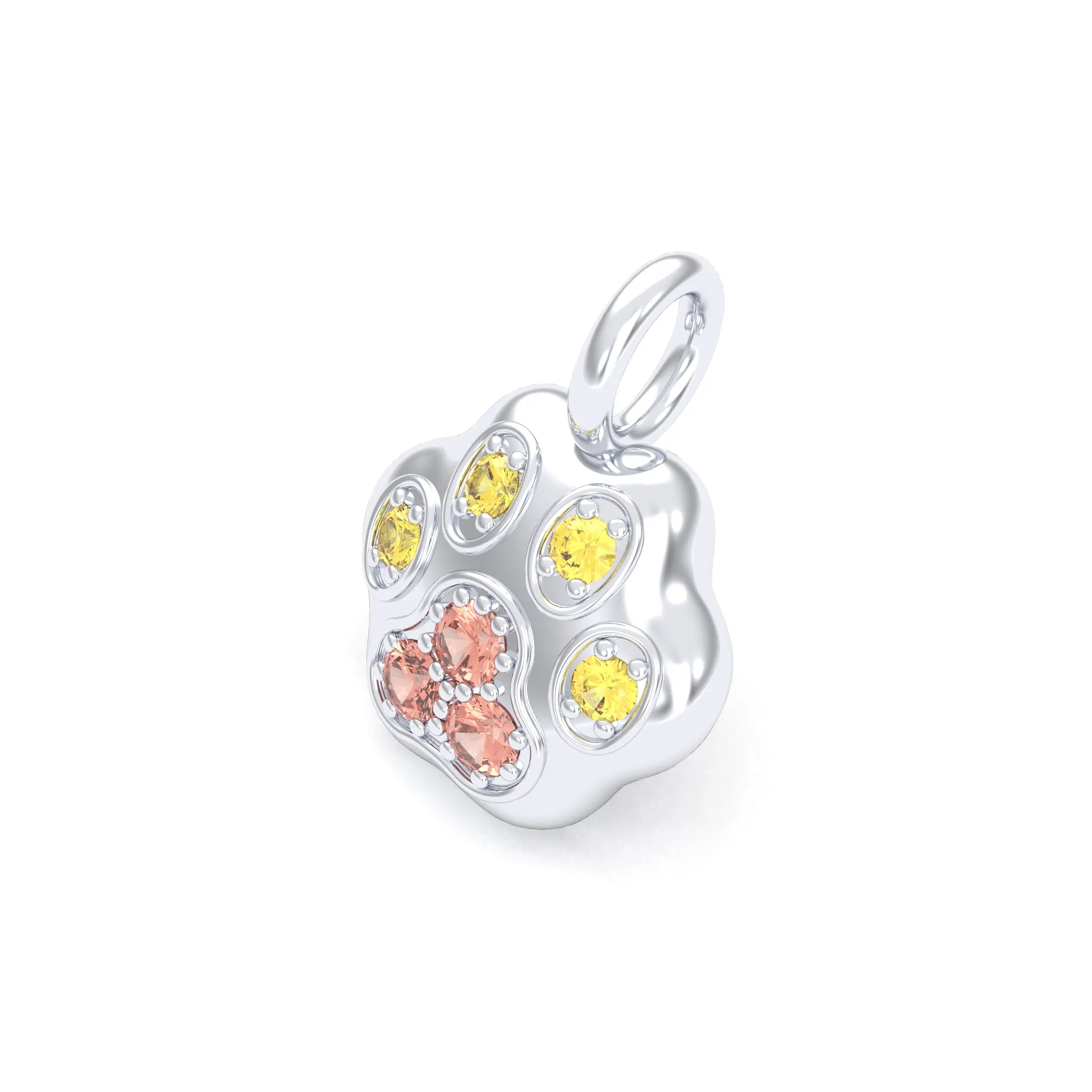 Collier Patte de Chat petit modèle en or blanc 18 carats et pierres précieuses au choix Saphirs pêche - Saphirs jaunes Pendentif seul