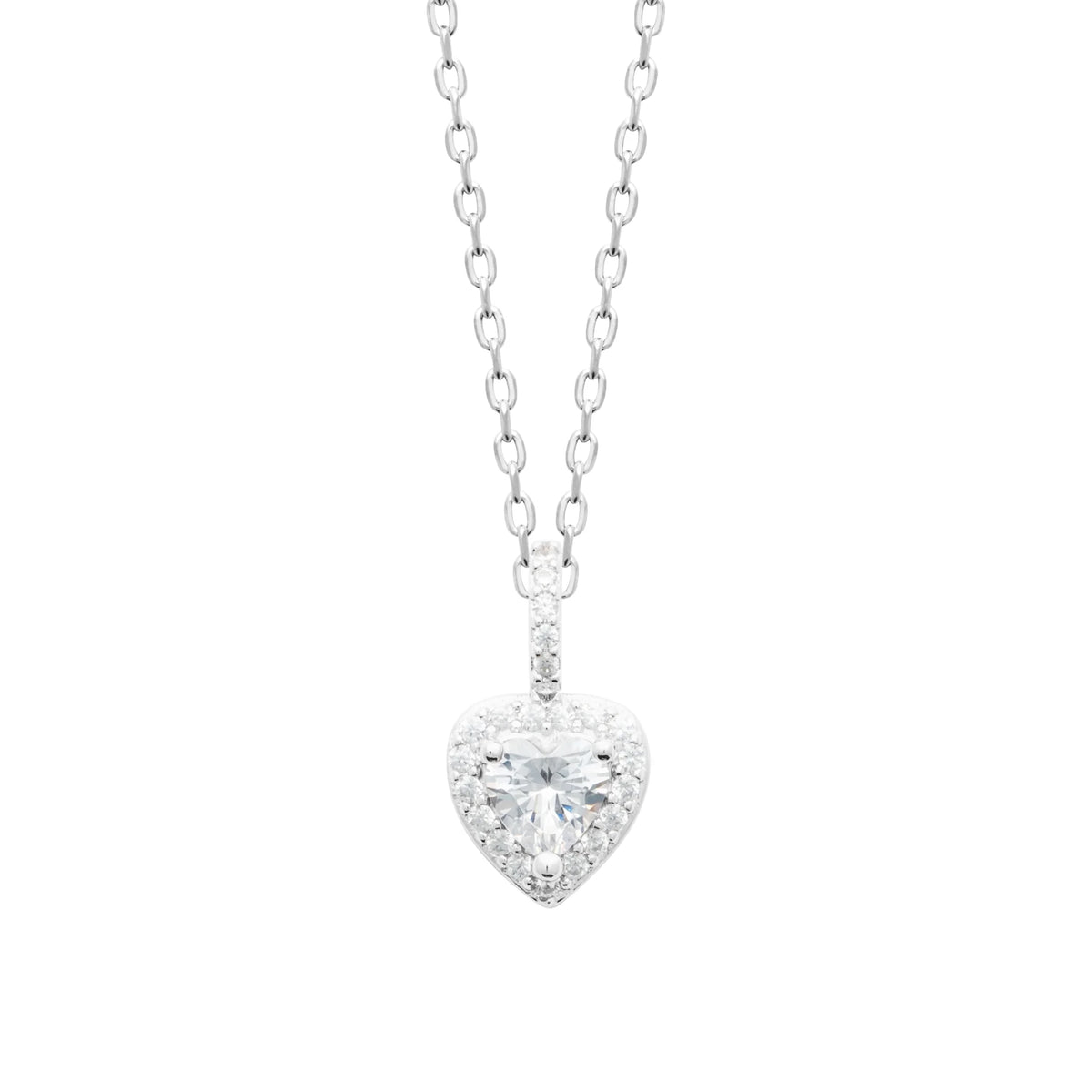 Collier pendentif cœur et halo de zircons en argent 925, vue de face