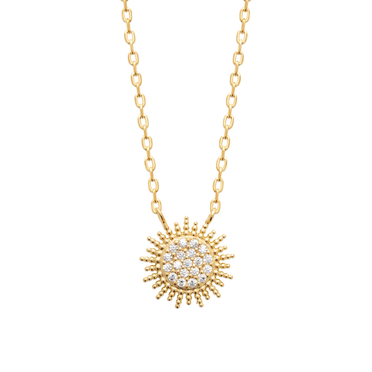 Collier pendentif disque soleil pavé de zircons en plaqué or