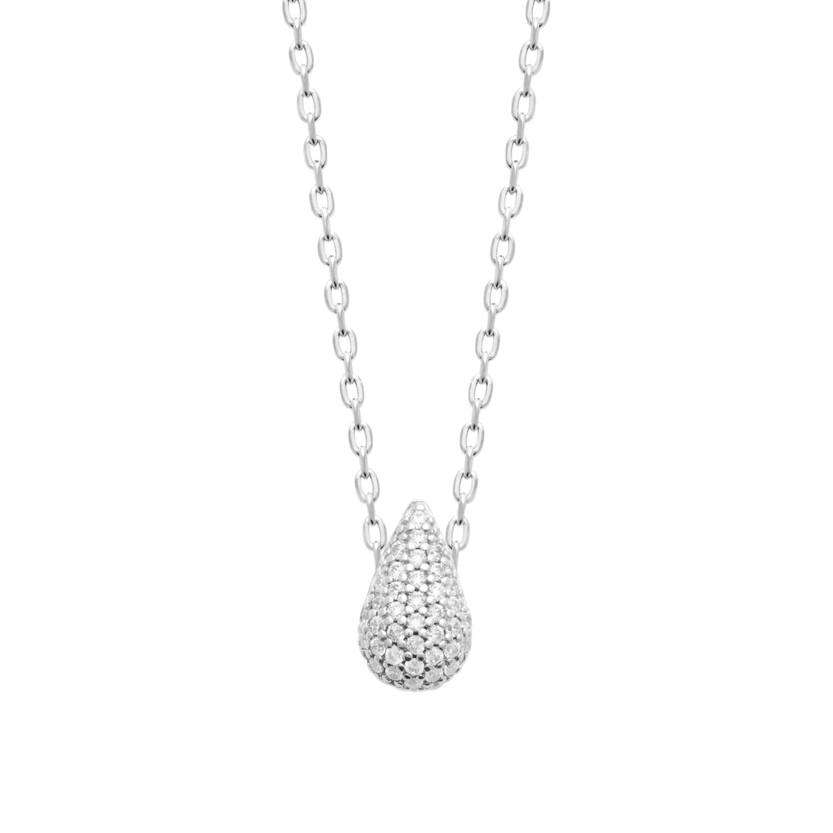 Collier pendentif goutte bombée pavée de zircons en argent 925, vue de face
