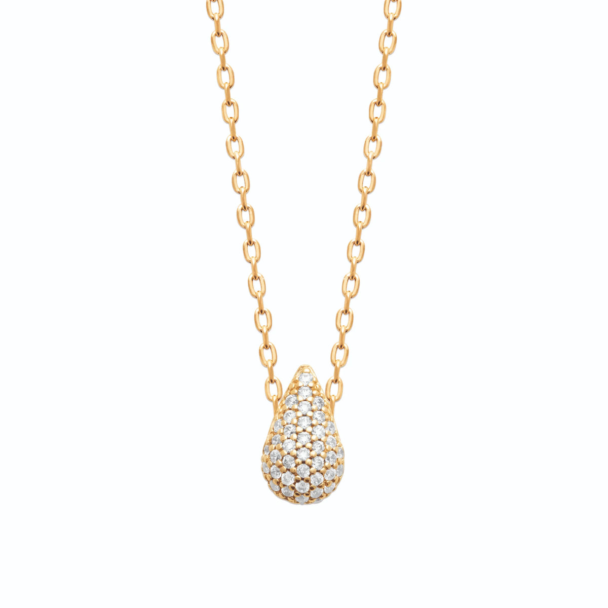 Collier pendentif goutte bombée pavée de zircons en plaqué or