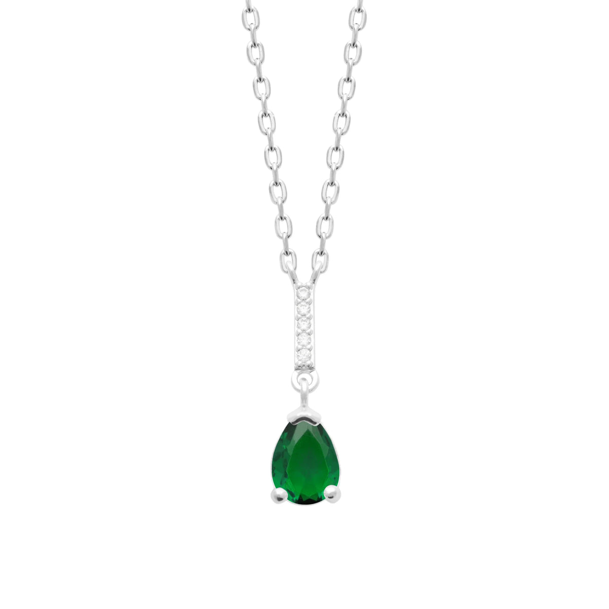 Collier pendentif pierre verte taille poire et bélière pavée en argent 925, vue de face