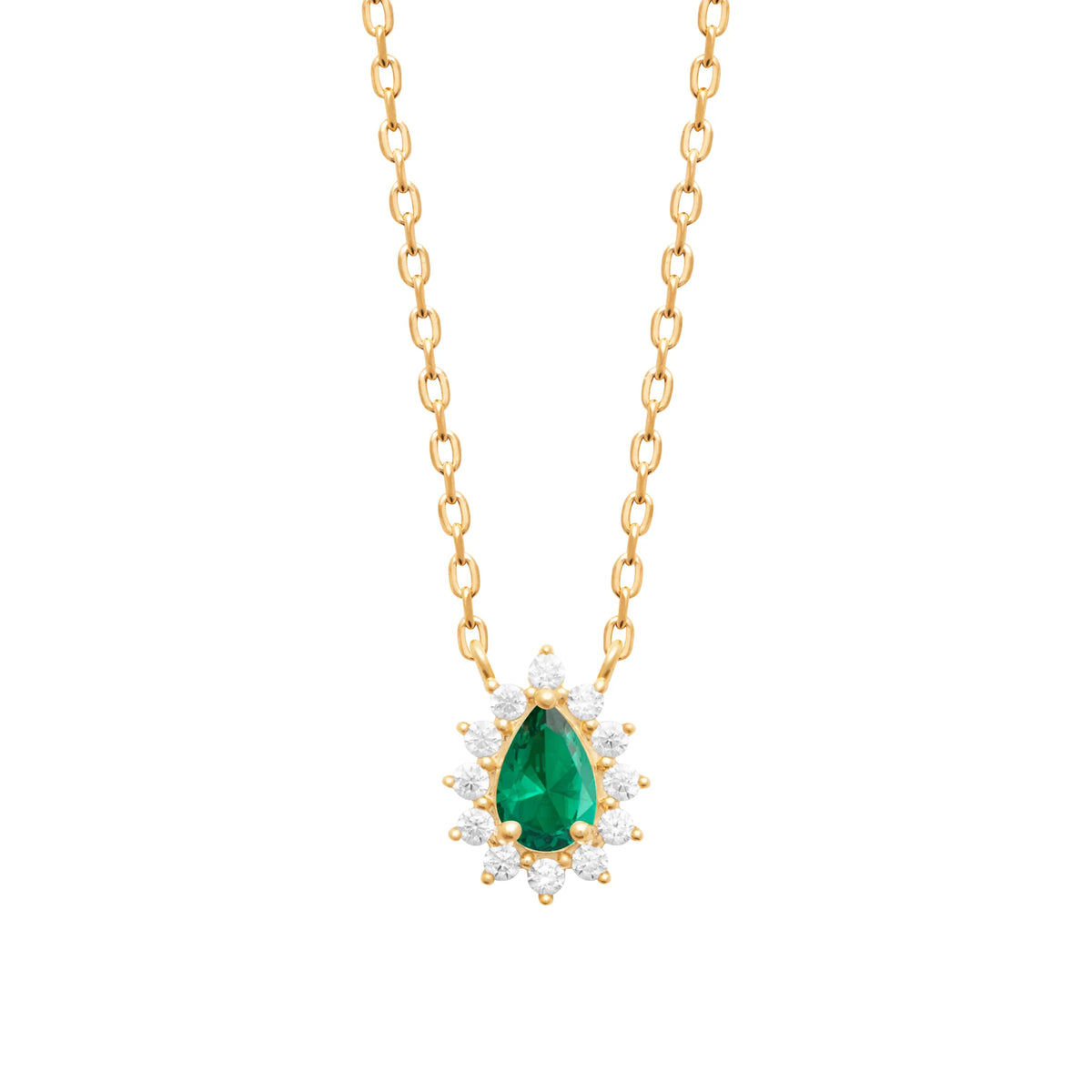 Collier pendentif pierre verte taille poire et halo de zircons en plaqué or