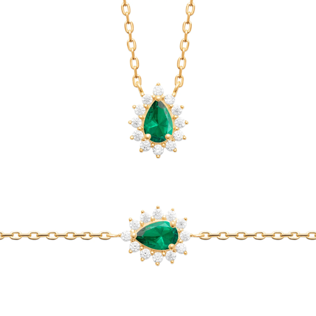 Collier pendentif pierre verte taille poire et halo de zircons en plaqué or