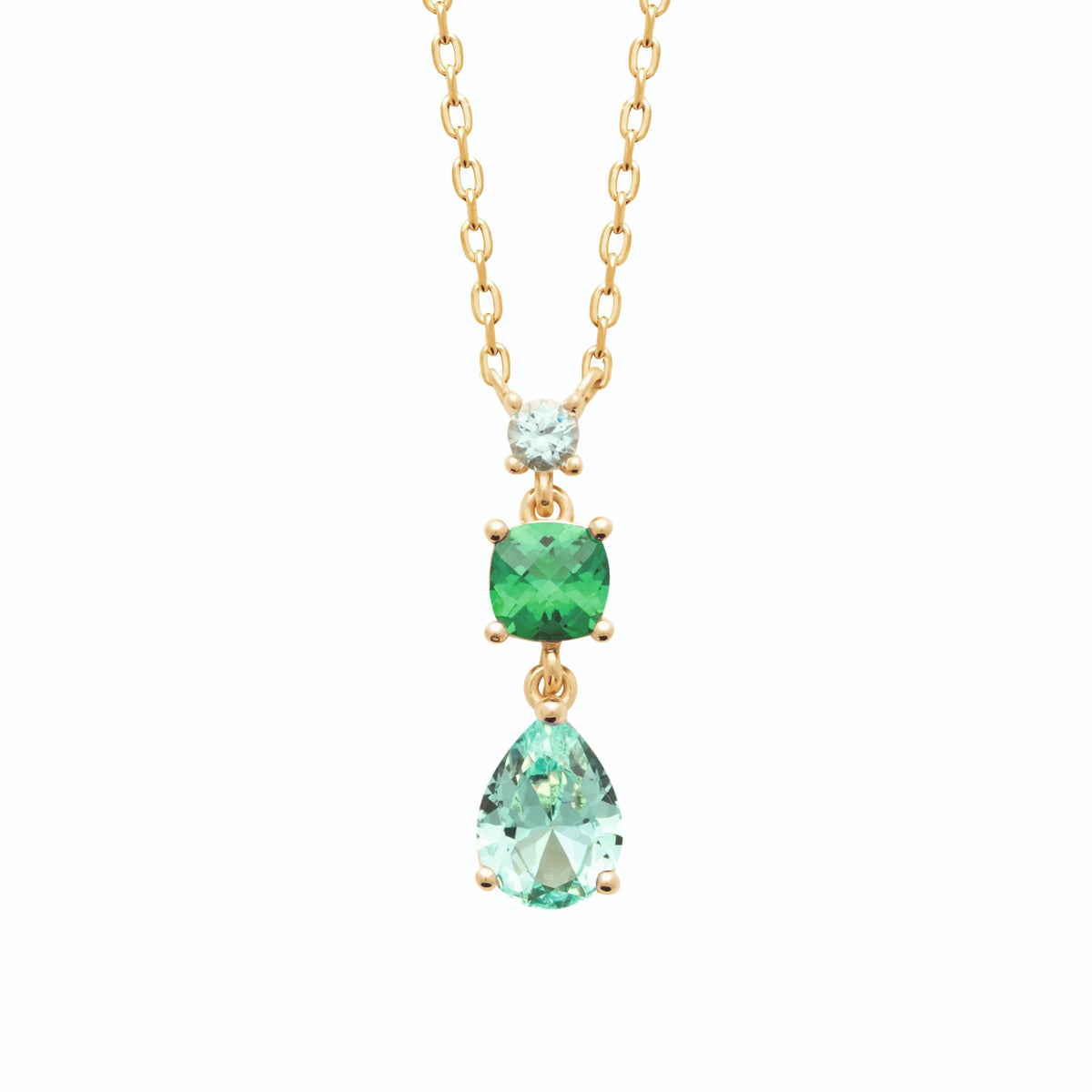 Collier pendentif pierres vertes en chute en plaqué or