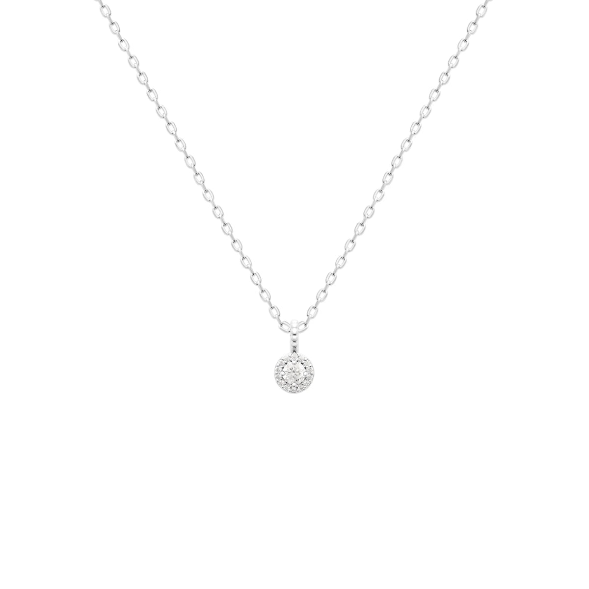 Collier pendentif zircon rond et halo de zircons en argent 925, vue d’ensemble