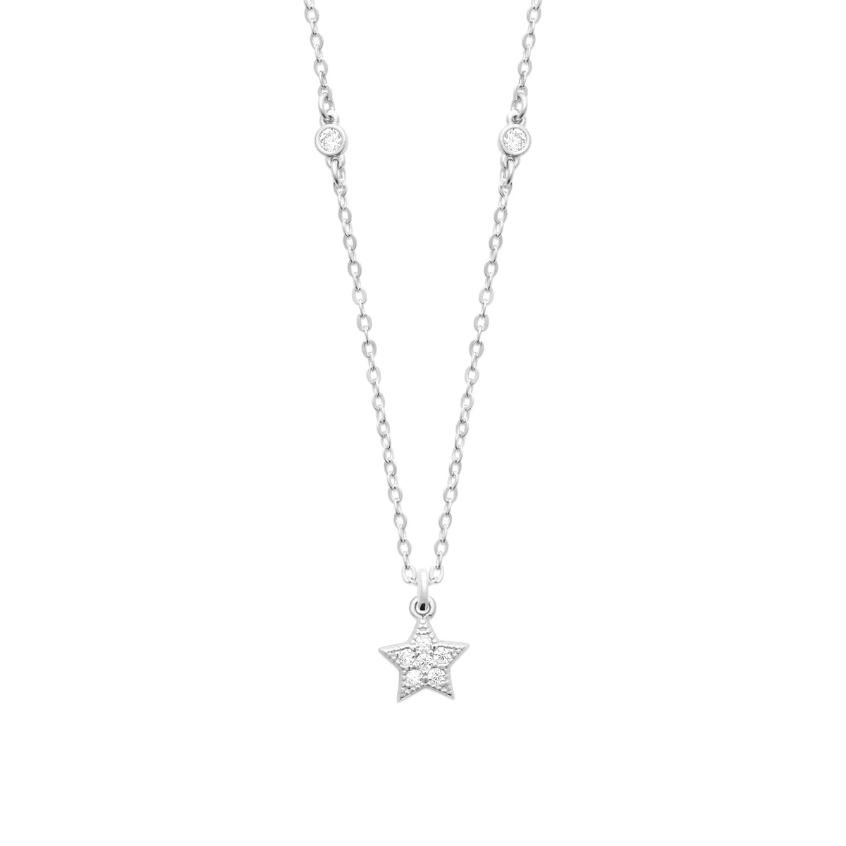 Collier petite étoile pavée de zircons en argent 925, chaîne fine ponctuée de deux zircons sertis clos