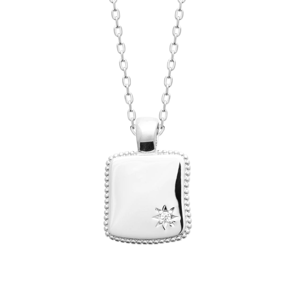Collier plaque bombée bordée de perles et petit zircon en argent 925