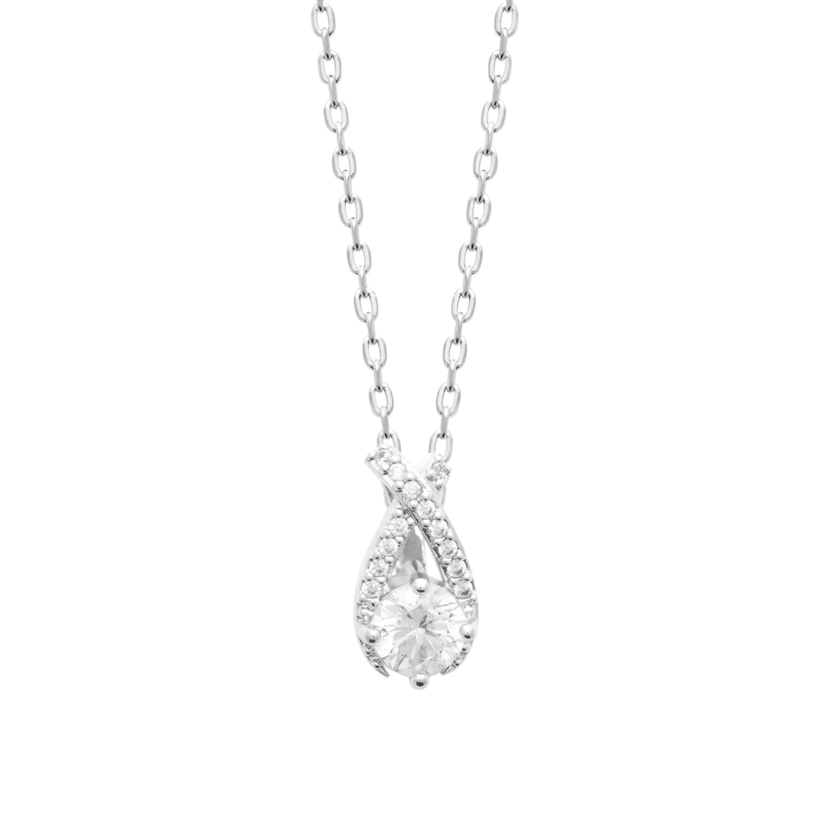 Collier ruban noué pavé de zircons et solitaire en argent 925