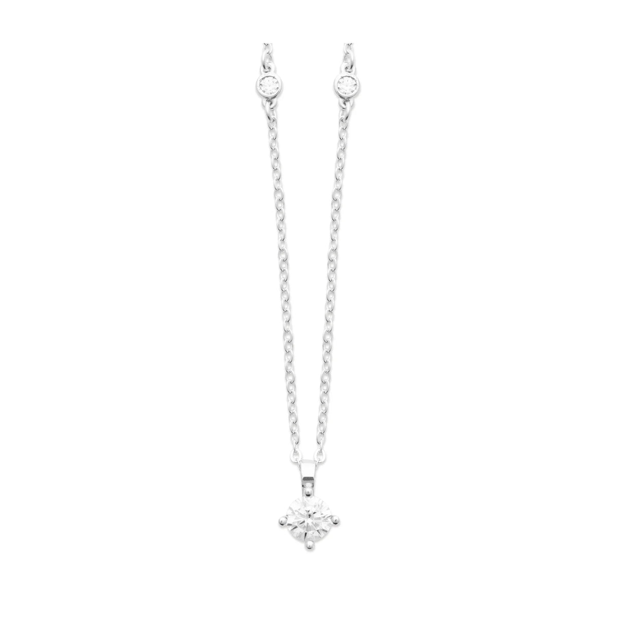 Collier solitaire zircon taille moyenne sur chaîne ponctuée en argent 925