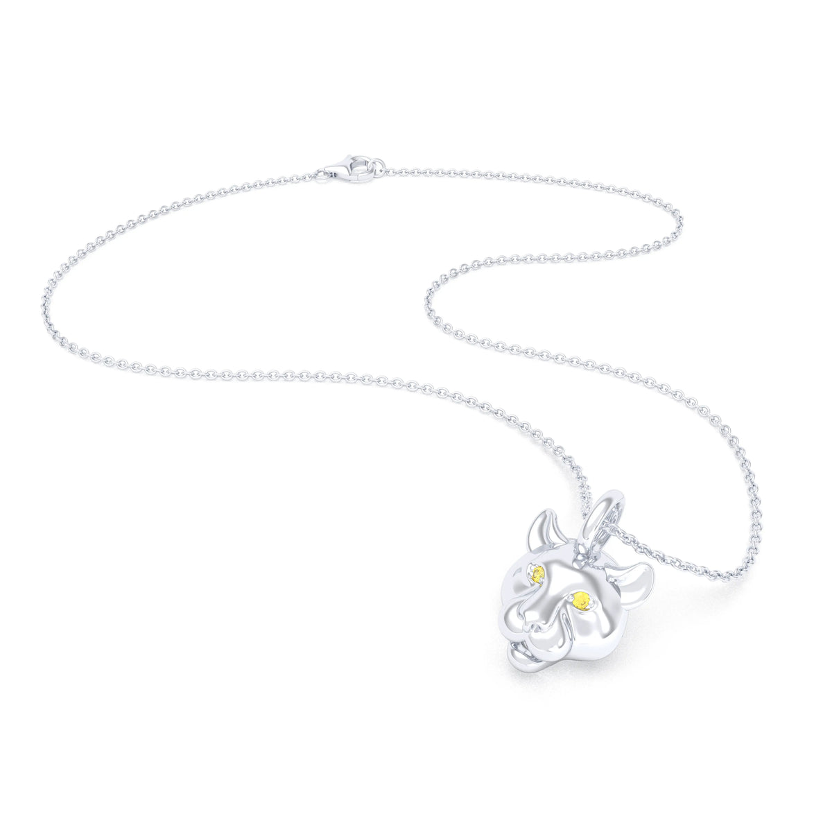 Collier tête de tigre argent 950 rhodié, yeux de saphirs jaunes, posé à plat avec sa chaîne et son fermoir