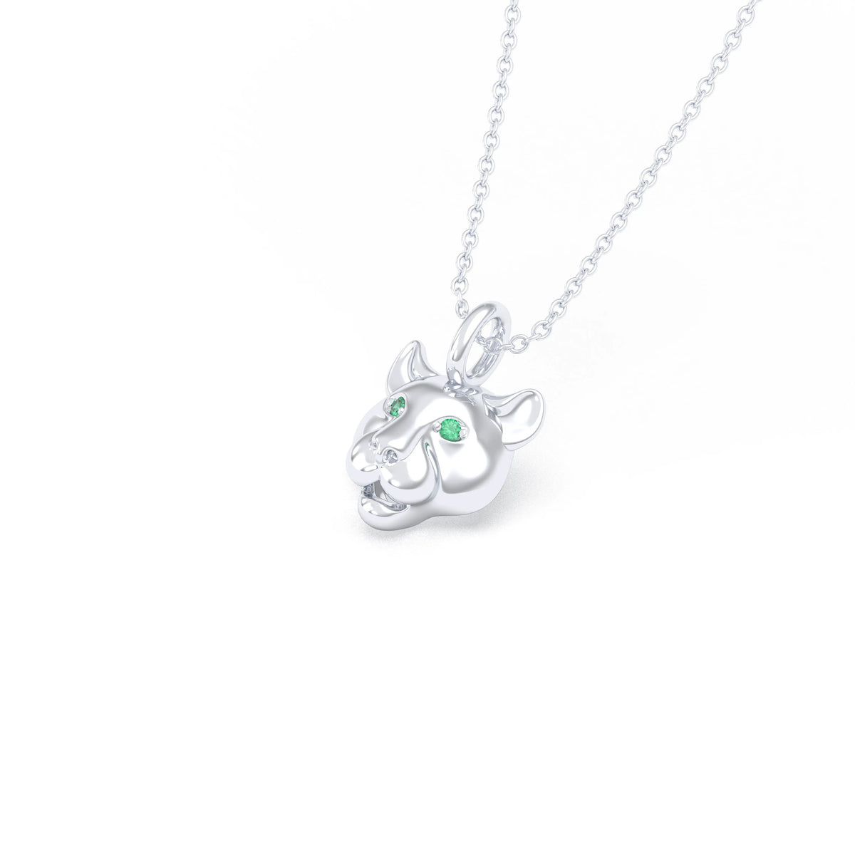 Collier tête de tigre en or blanc 18 carats, yeux en émeraudes, vue de trois quarts