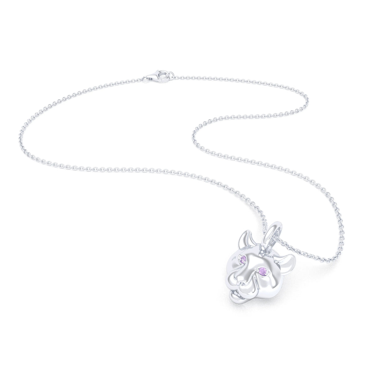 Collier tête de tigre or blanc 18 carats, yeux de saphirs violets, posé à plat avec chaîne et fermoir