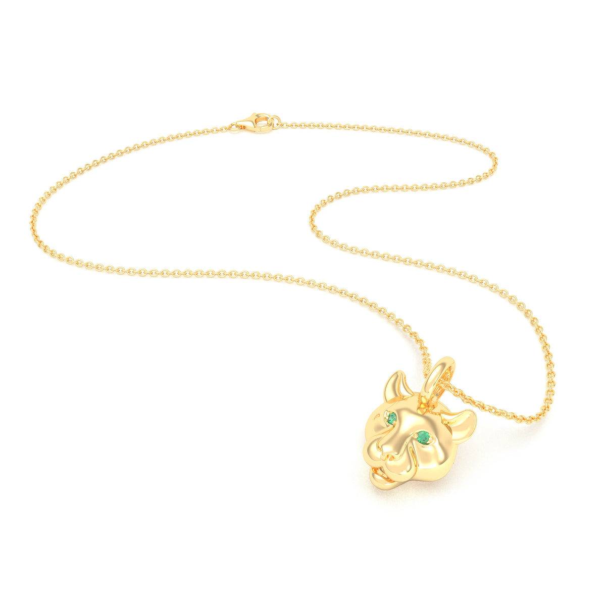 Collier tête de tigre or jaune 18 carats, yeux d’émeraudes, posé à plat avec chaîne et fermoir
