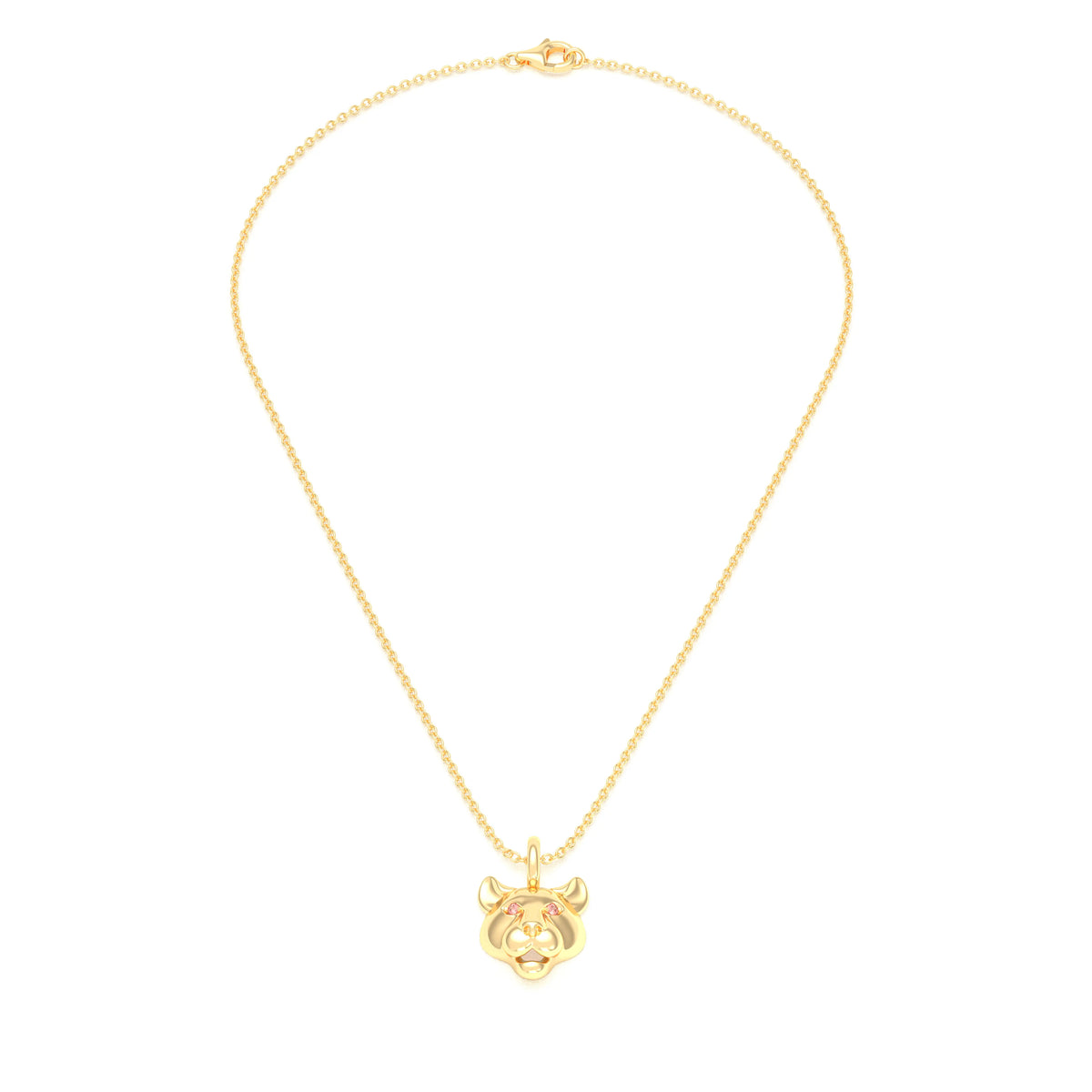 Collier tête de tigre en or jaune aux yeux de saphirs pêche, vu de face sur une chaîne forçat de 40 cm