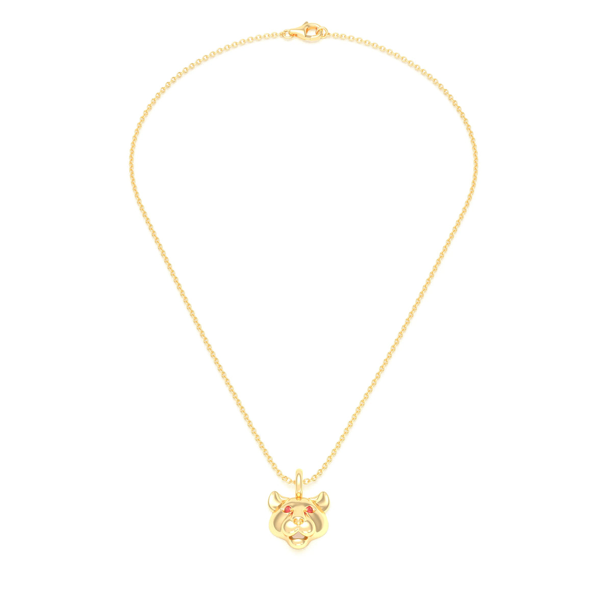 Collier tête de tigre en or jaune aux yeux de saphirs rouges, vu de face sur une chaîne forçat de 40 cm