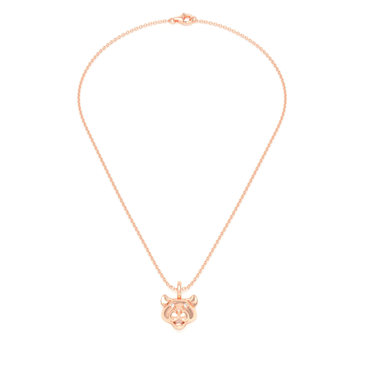Collier tête de tigre en or rose aux yeux de diamants, vu de face sur une chaîne forçat de 40 cm
