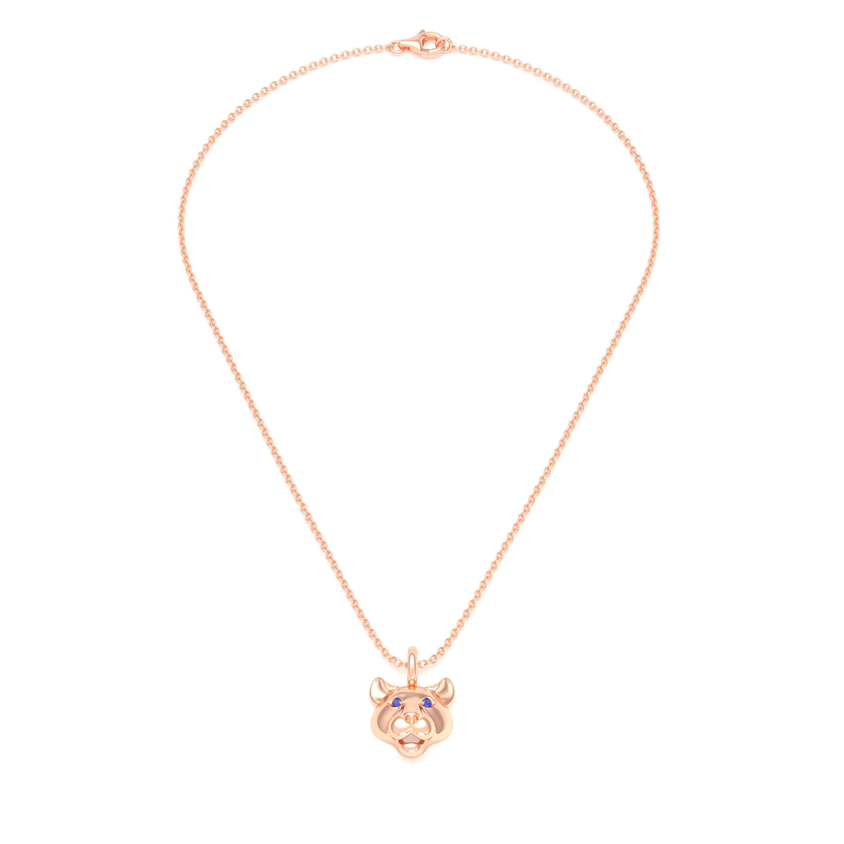 Collier tête de tigre en or rose aux yeux de saphirs bleus, vu de face sur une chaîne forçat de 40 cm